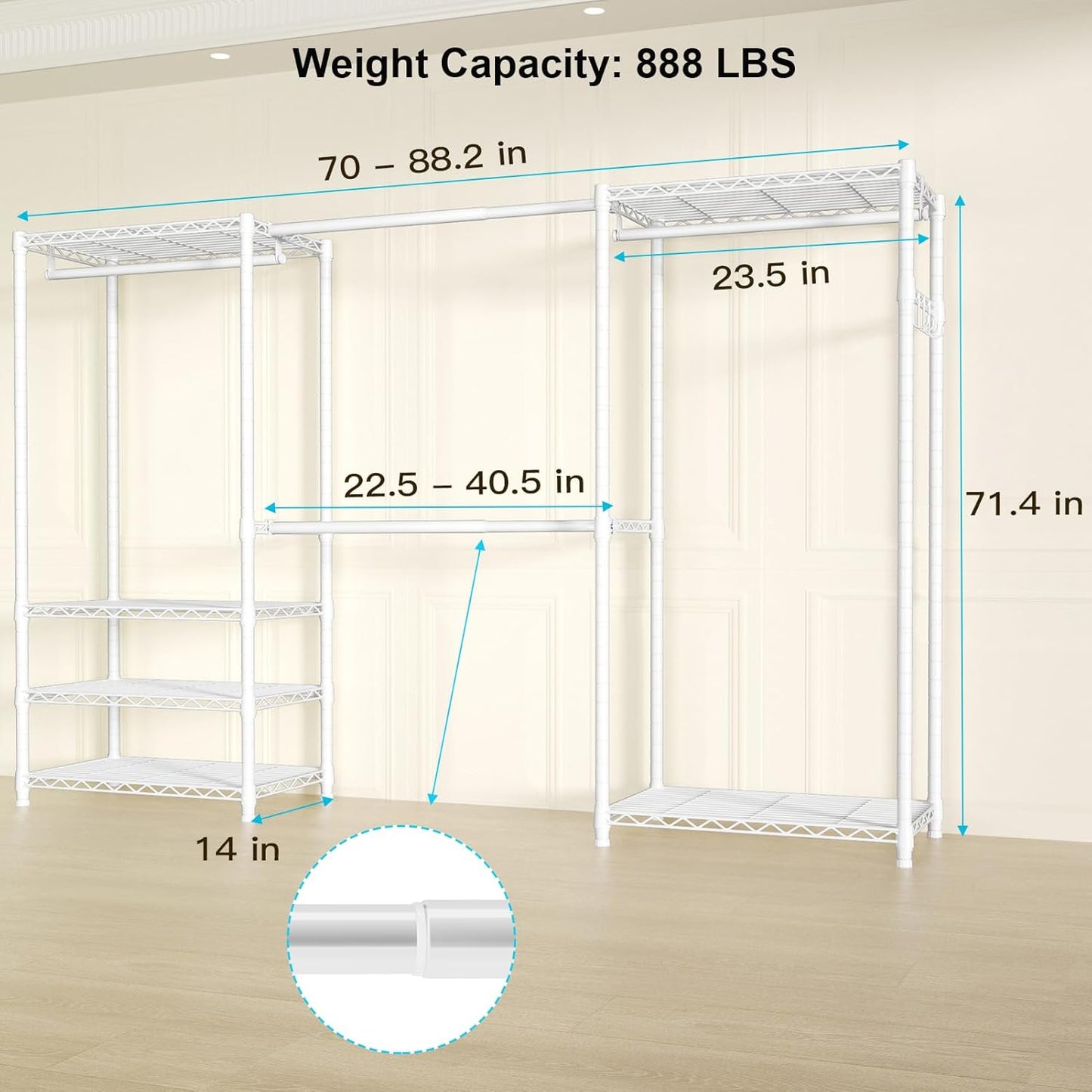 Ulif E1 Heavy Duty Closet Garment Rack, 6 Tiers Adjustable Metal Freestanding Expandable Clothing