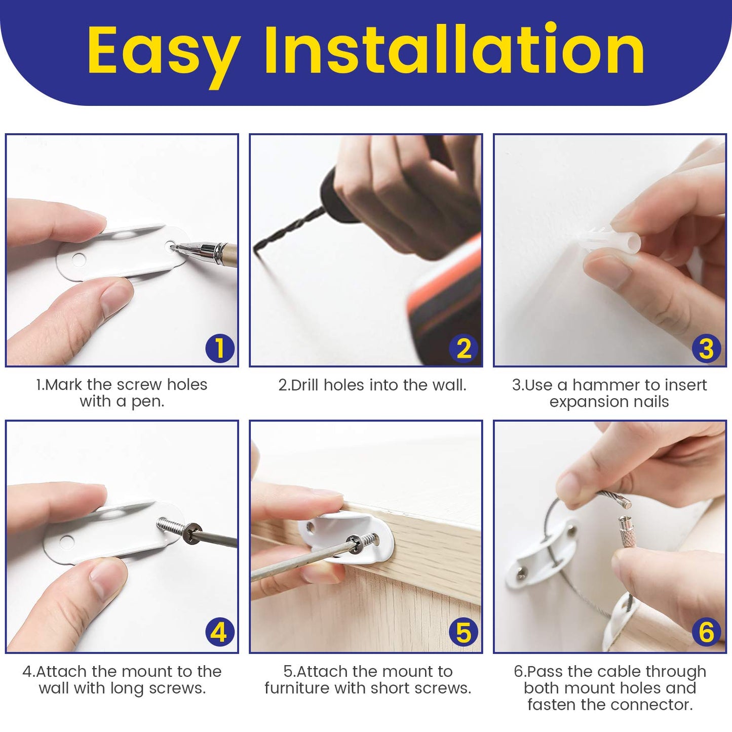 4our Kiddies 10 Pack Furniture Anchors for Baby Proofing, Anti Tip Furniture Wall Anchors, Secure