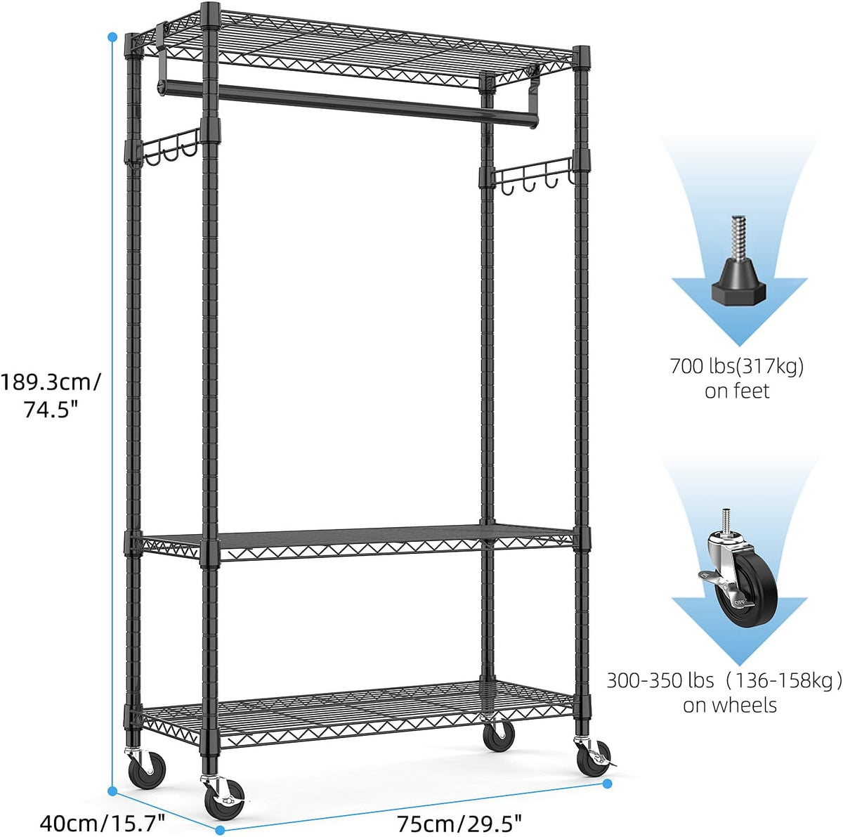 Heavy Duty Rolling Garment Rack 3 Tiers Adjustable Wire Shelving Clothes Rack with Rods and Side