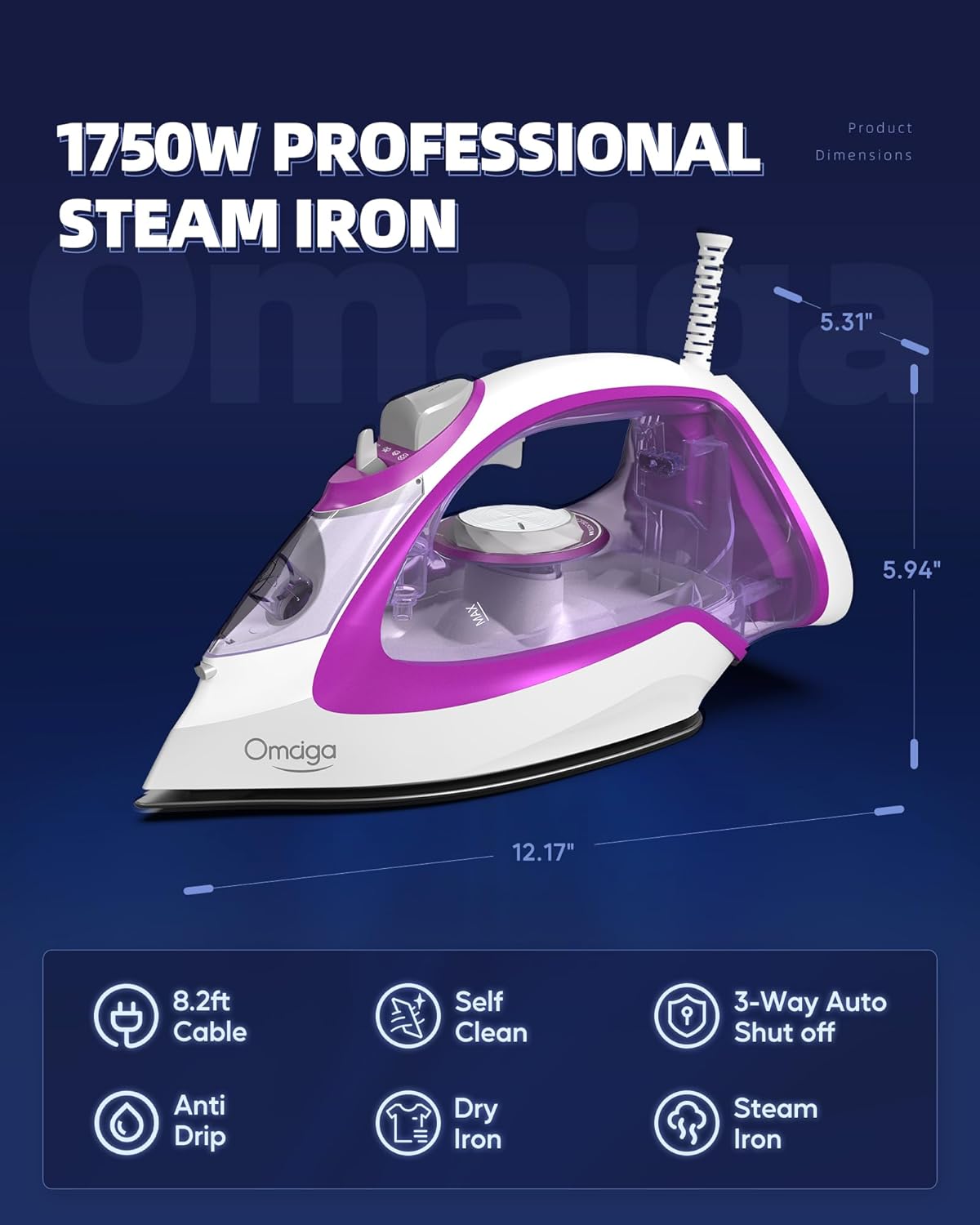 Steam Iron for Clothes, 1750W Iron with Rapid Heating, Non-Stick Ceramic Soleplate, Powerful Steam
