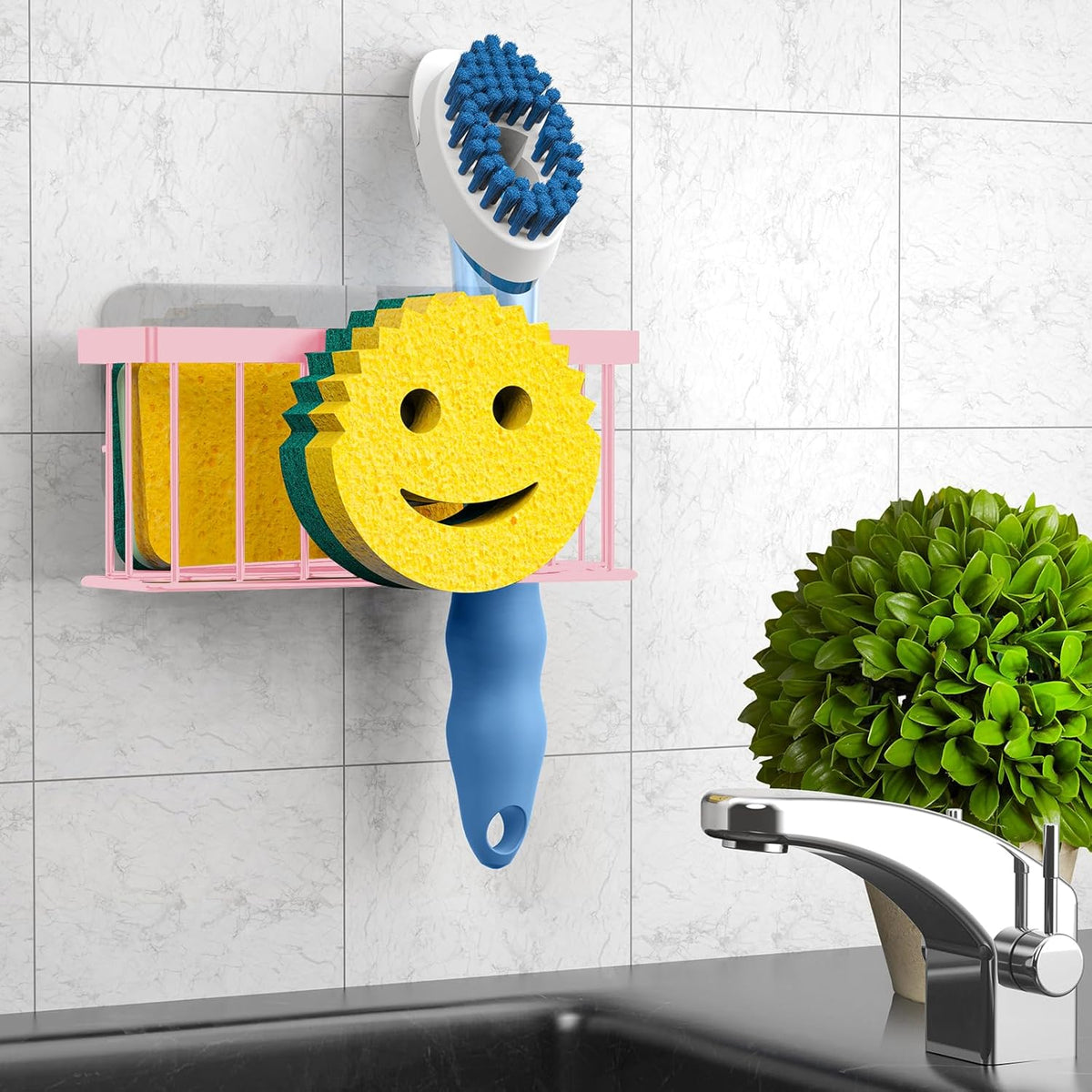 Sponge Holder Smiley Face,Sink Caddy,Sink Organizer with 2 Suction Cups/1 Adhesive Strips,Designed