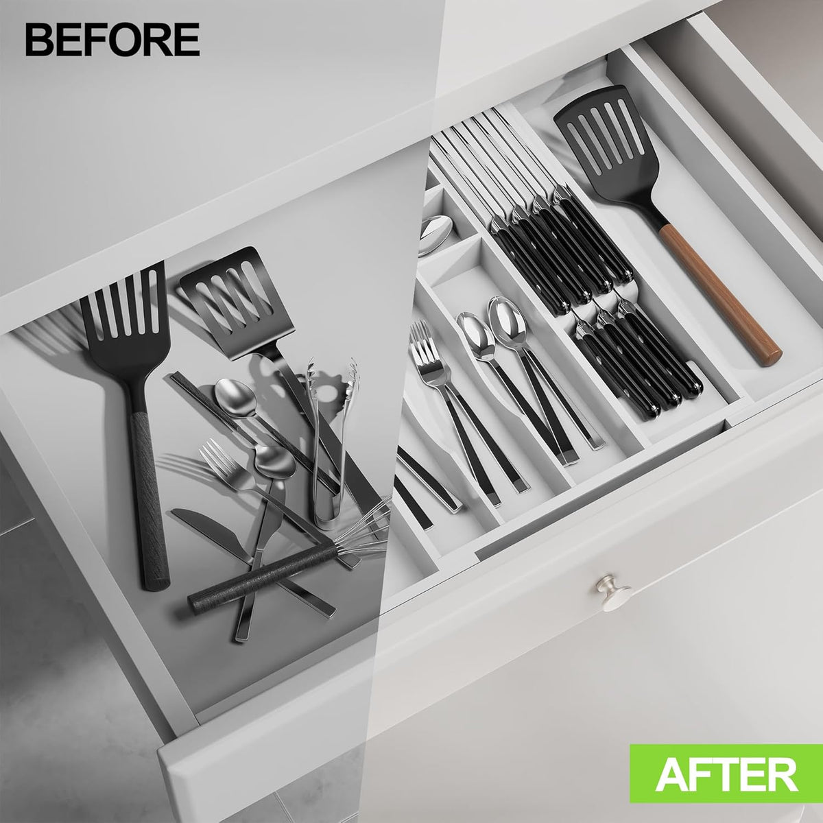Bamboo Kitchen Drawer Organizer, Expandable Utensil Organizer with Removable Knife Block, Cutlery