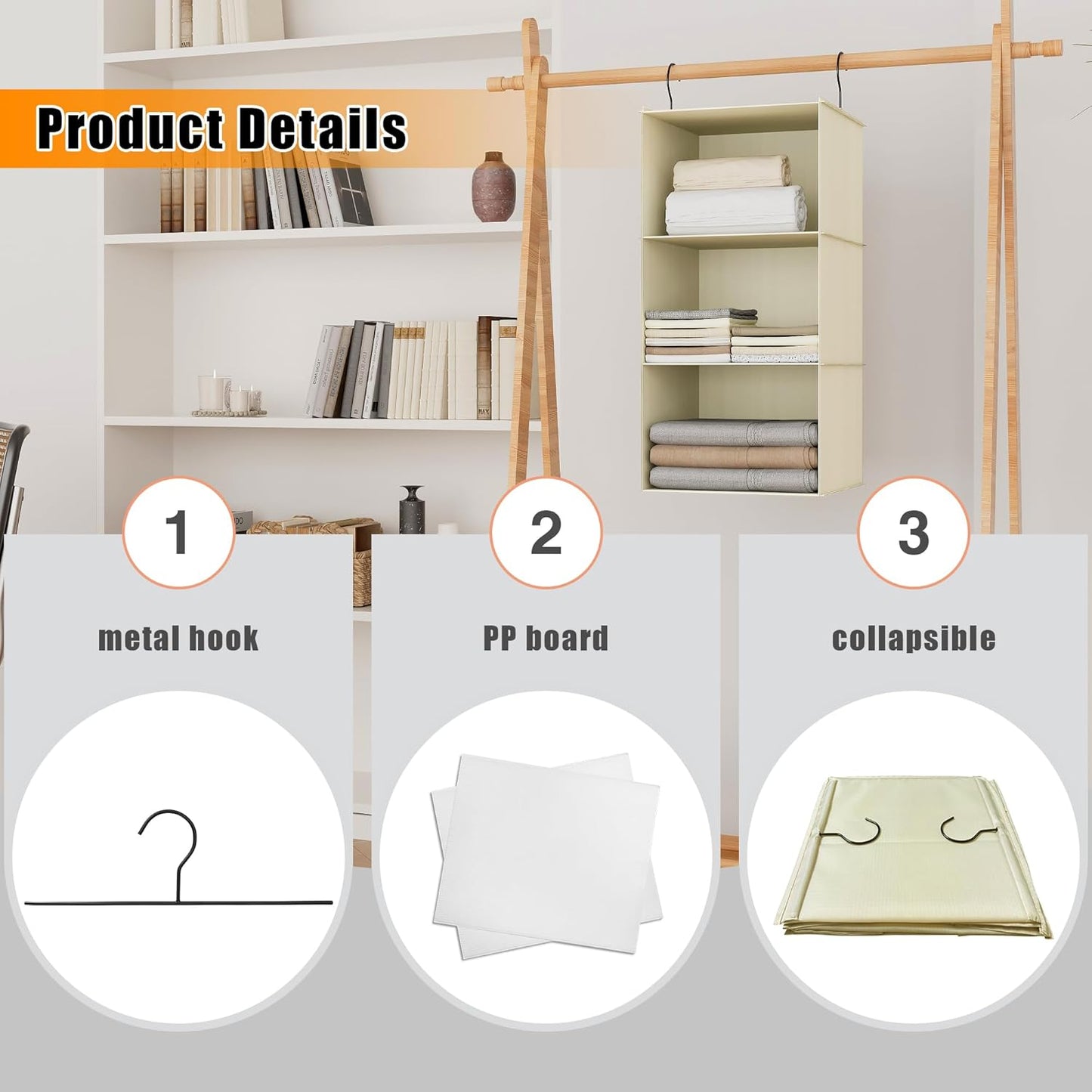 Hanging Closet Organizer and Storage 3-Shelf, Easy Mount Foldable Hanging Closet Wardrobe Storage