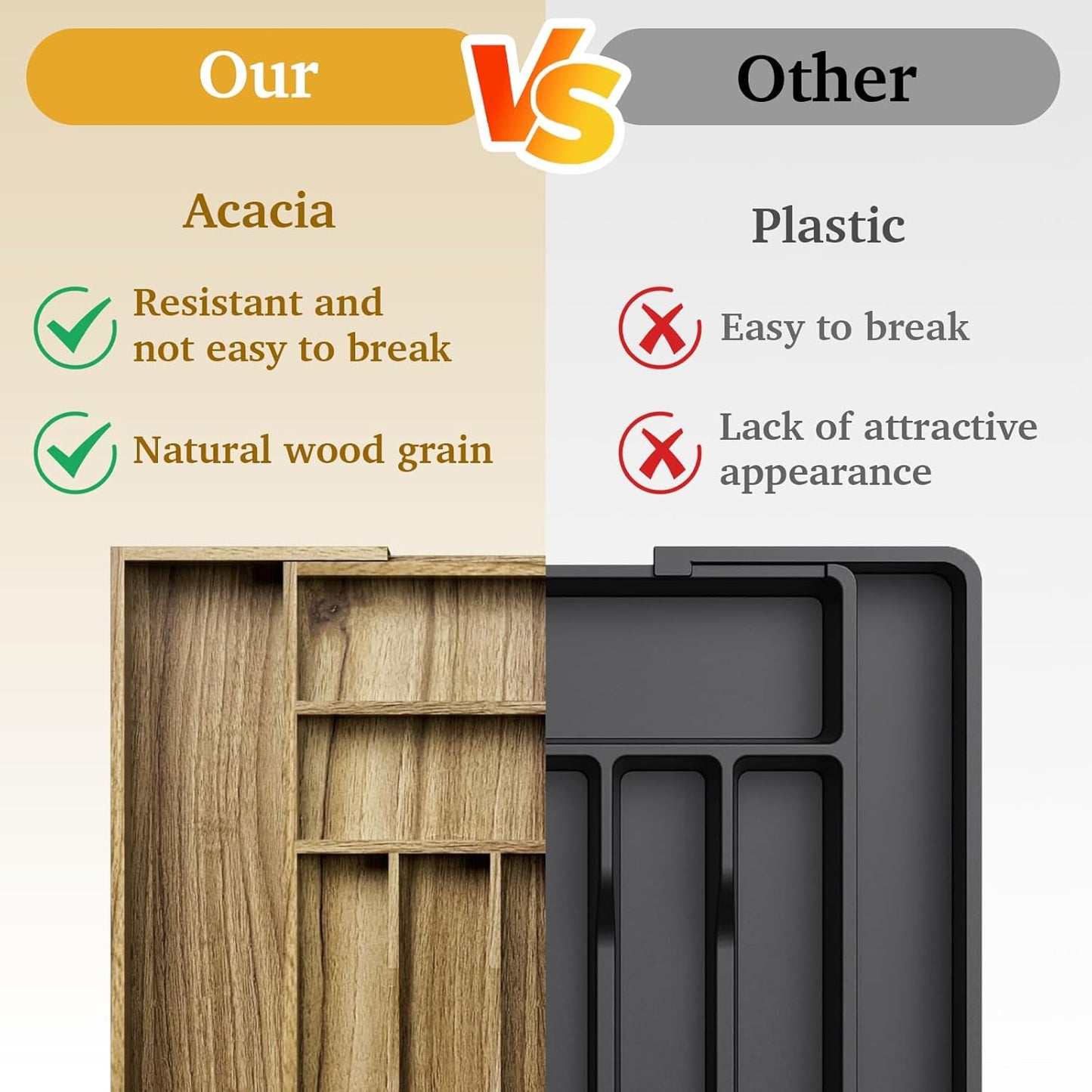 Acacia Wood Kitchen Silverware Drawer Organizer, Expandable Utensil Cutlery Drawer Organizer with
