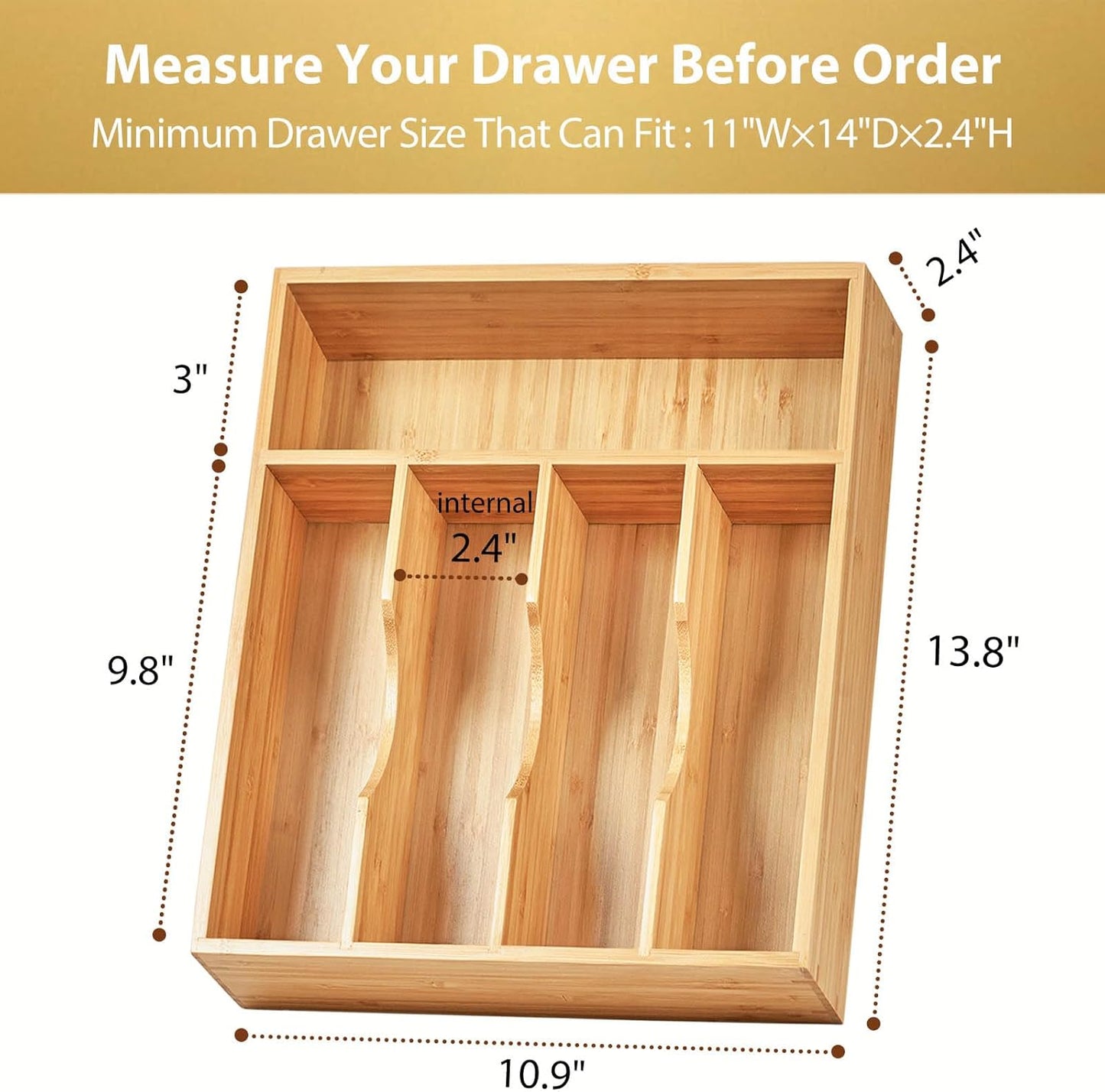 Umilife Bamboo Kitchen Drawer Organizer, 11 Inch Silverware Utensils Tray Holder with Grooved