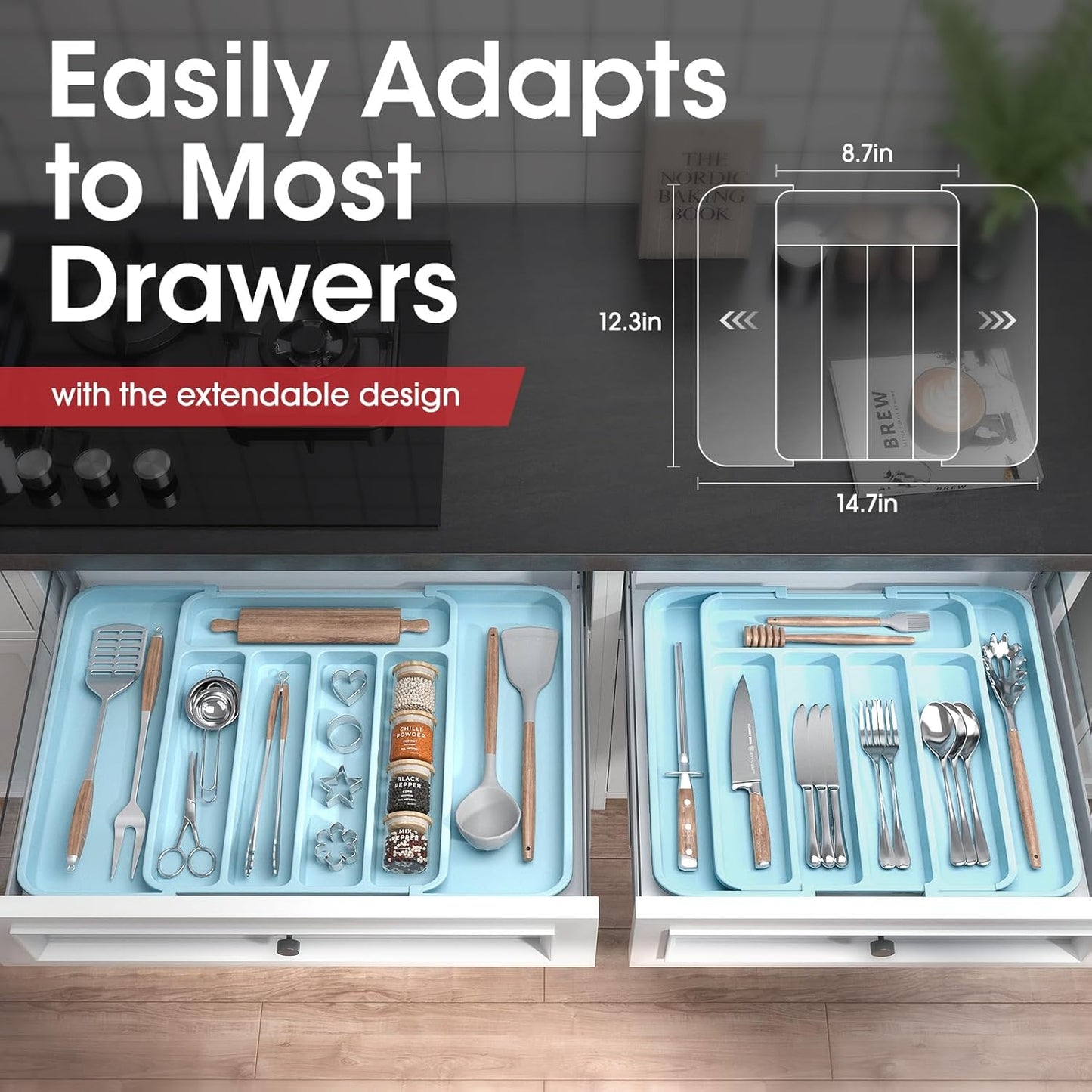 Aujen Silverware Organizer - Expandable Kitchen Drawer Organizer, Adjustable Utensil Organizer