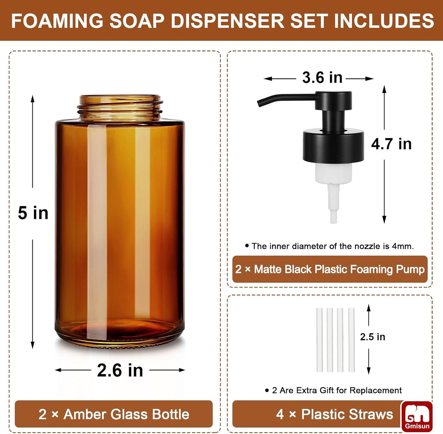 GMISUN Glass Foaming Soap Dispenser, 10 Fl oz / 300ml Amber Glass Soap Dispenser for Bathroom &