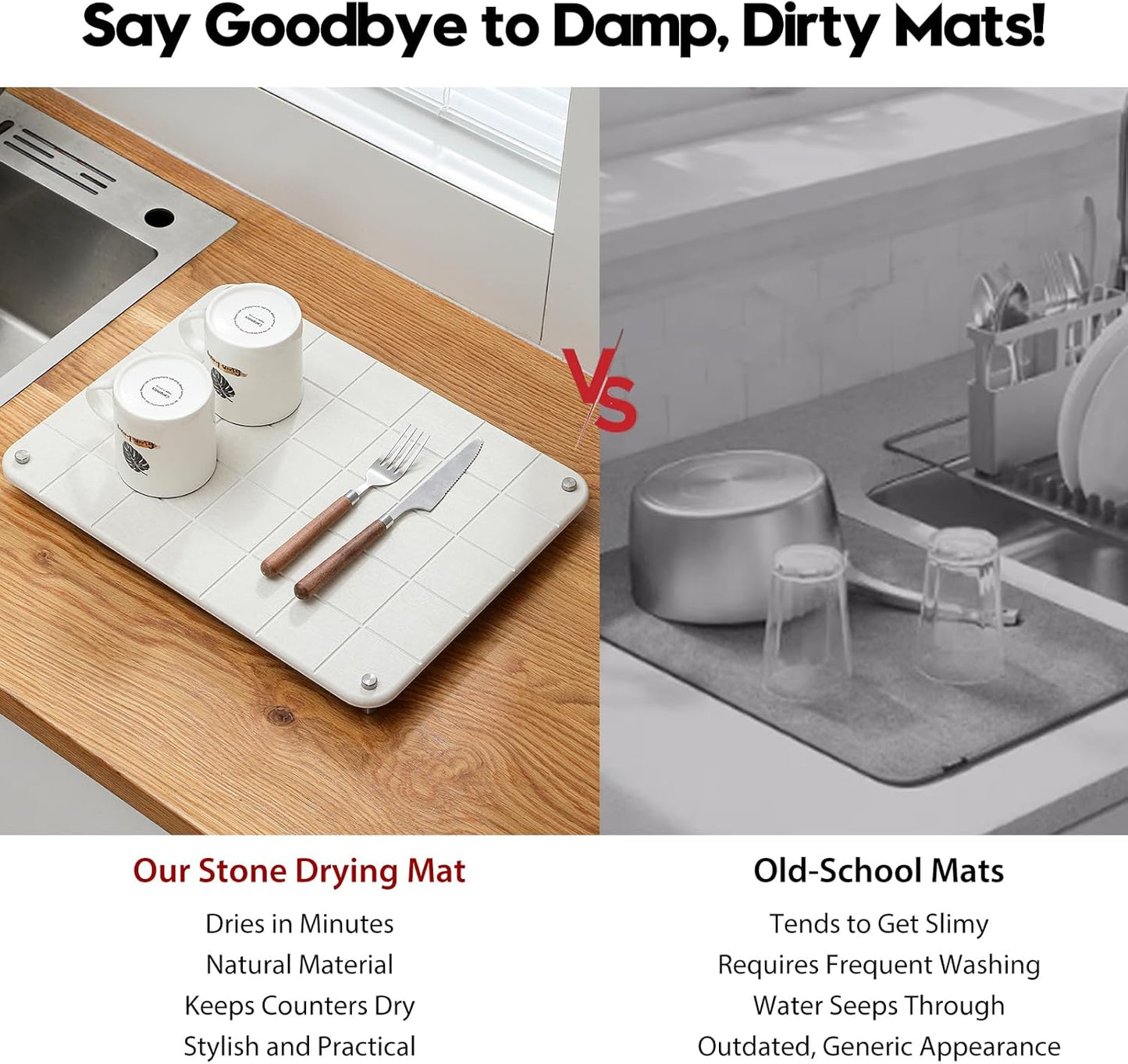 Stone Dish Drying Mat for Kitchen Counter, Water Absorbing Bathroom Tray Sink Organizer
