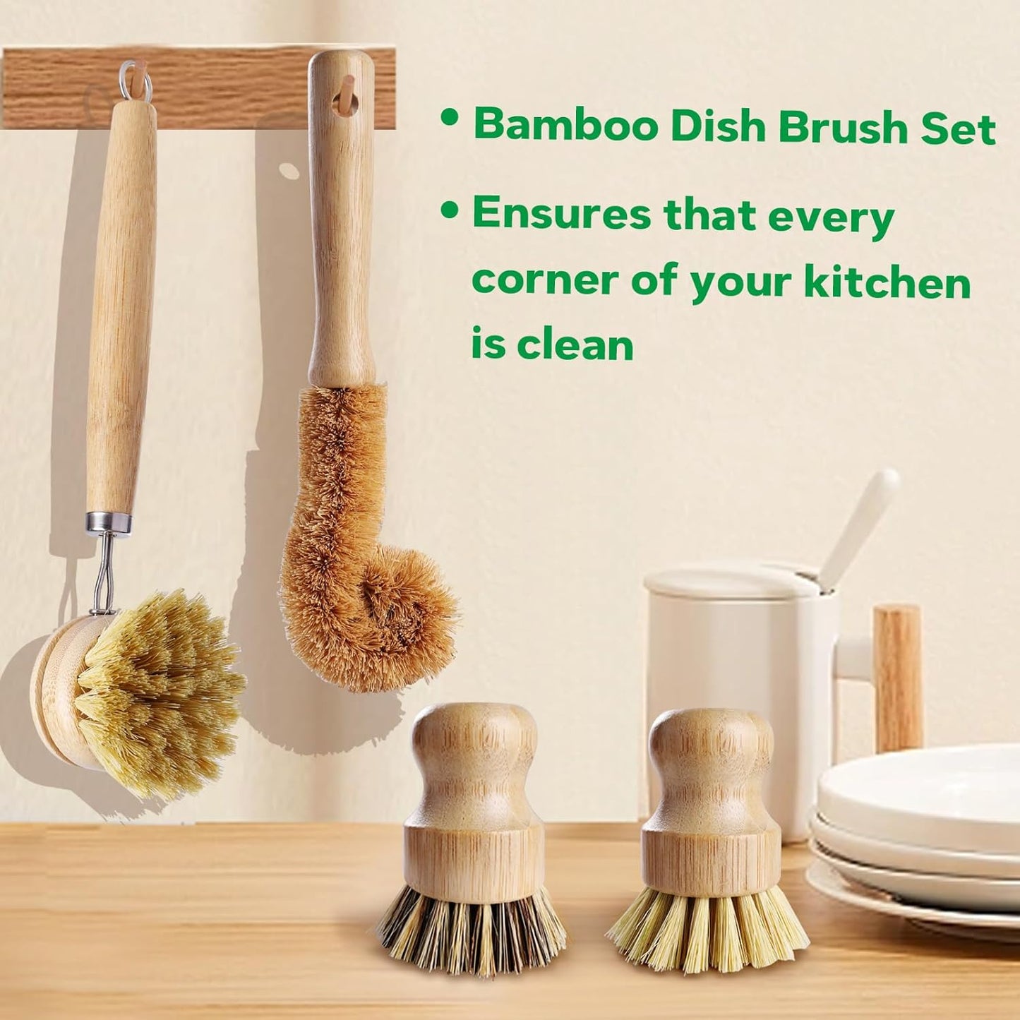 Bamboo Dish Brush Set - 5 Packs Natural Wooden Kitchen Brush, 4 Dish Scrubbers with One Replacement