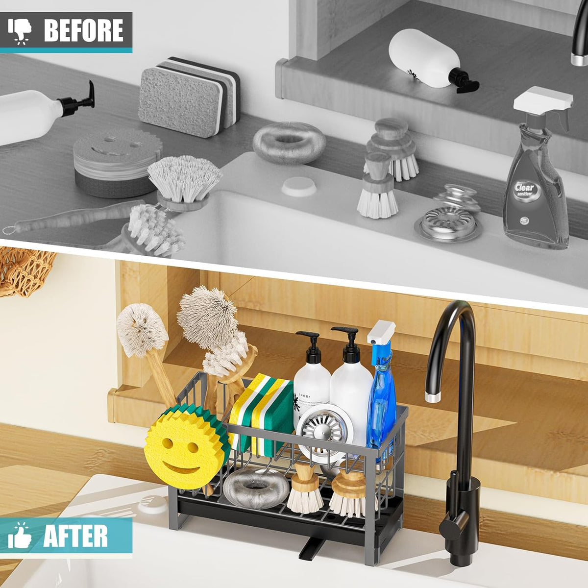 Sponge Holder for Kitchen Sink with Flexible Sink Caddy Smiley Face,2 Tier Kitchen Sponge Holder