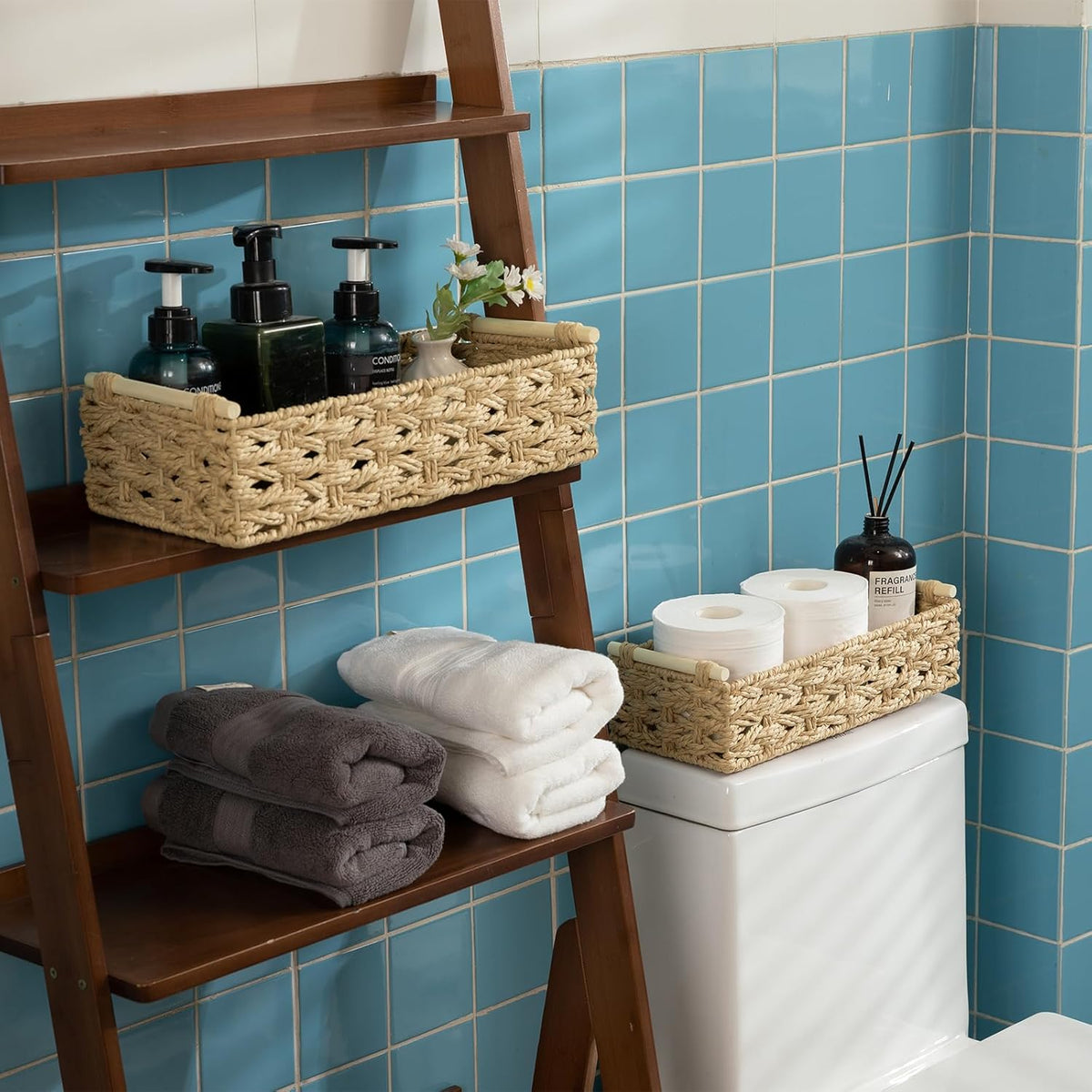 OIAHOMY Toilet Paper Baskets Handmade Paper Rope Decorative Wicker Storage Tank Shelf Cabinet