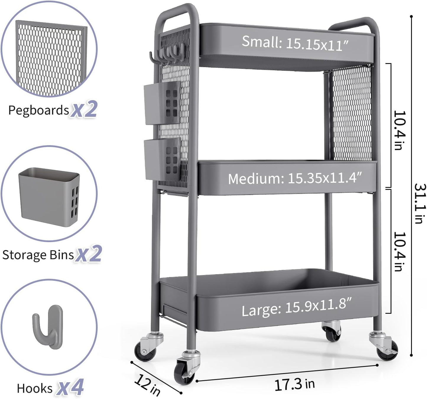 TOOLF 3 Tier Rolling Cart Storage Organizer, Metal Rolling Utility Cart with Wheels, Hooks & Bins