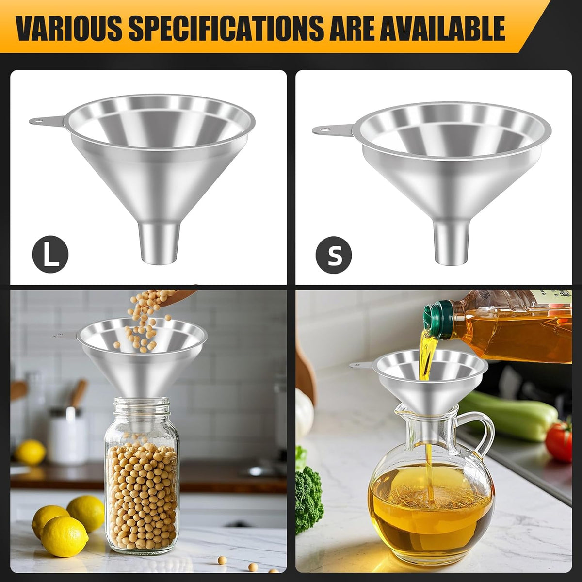 3 Pack Stainless Steel Kitchen Funnel Set,funnels for Kitchen use Filling Bottles, 2 Size Spouts