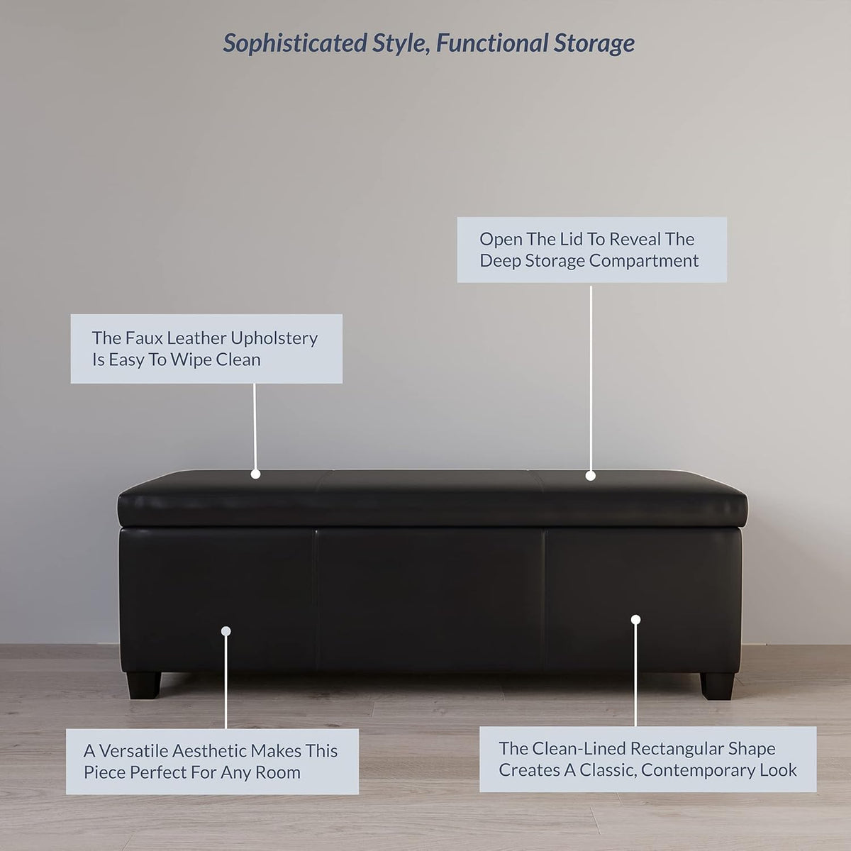 BELLEZE Storage Faux Leather Ottoman, 47 Inch Bench Bedroom Bench with Safety Close Hinge, Extra