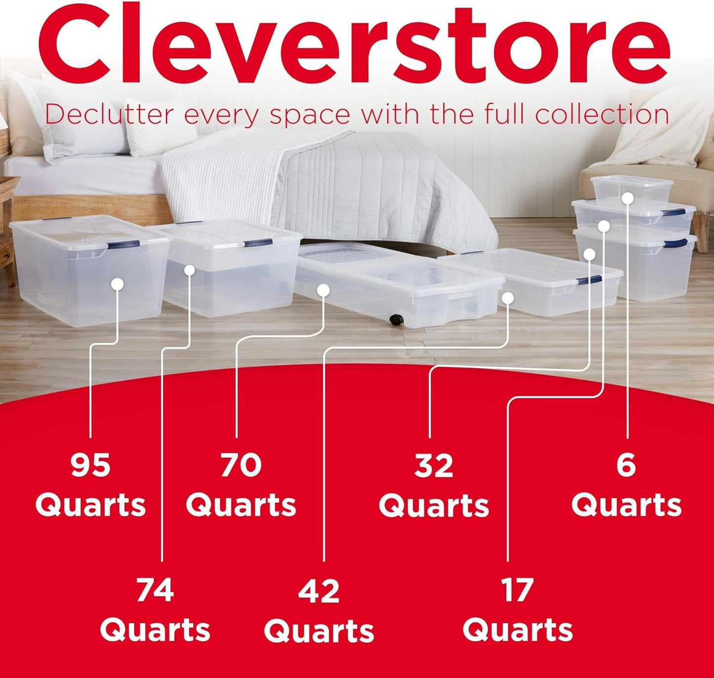 Rubbermaid Cleverstore Clear 32 Qt, 6 Pack Stackable Plastic Storage Bins with Lids, Great for