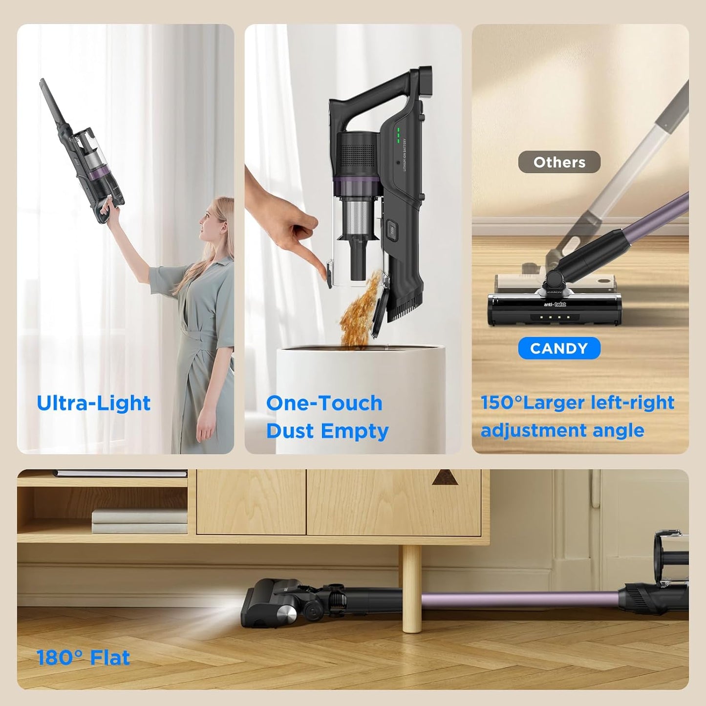 CANDY Cordless Vacuum Cleaner, Stick Vacuum Cordless Rechargeable,45Mins Powerful Suction Vacuum