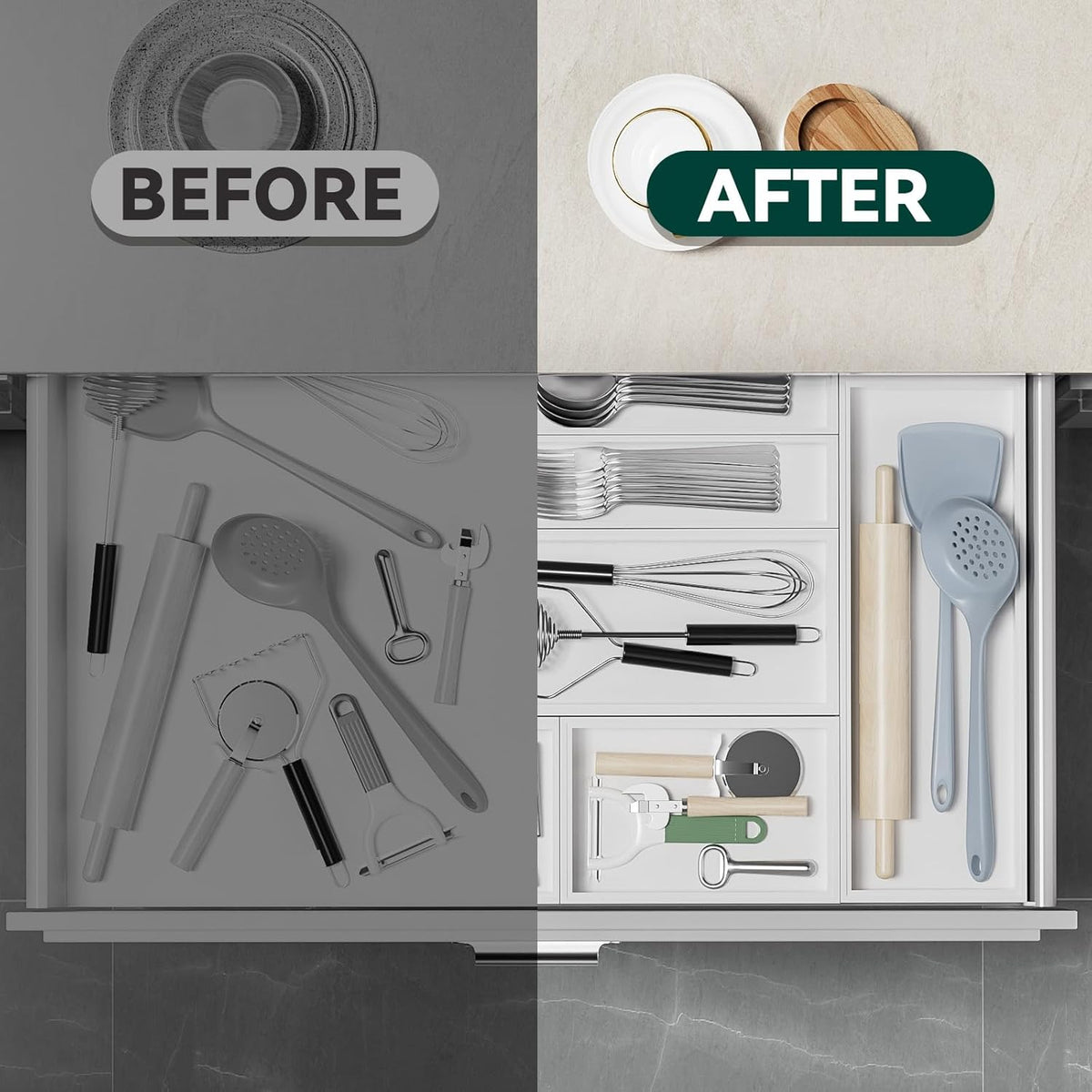 Bamboo Drawer Organizer, Narrow Silverware Organizer for Kitchen, Stackable Utensil Organizer, 2