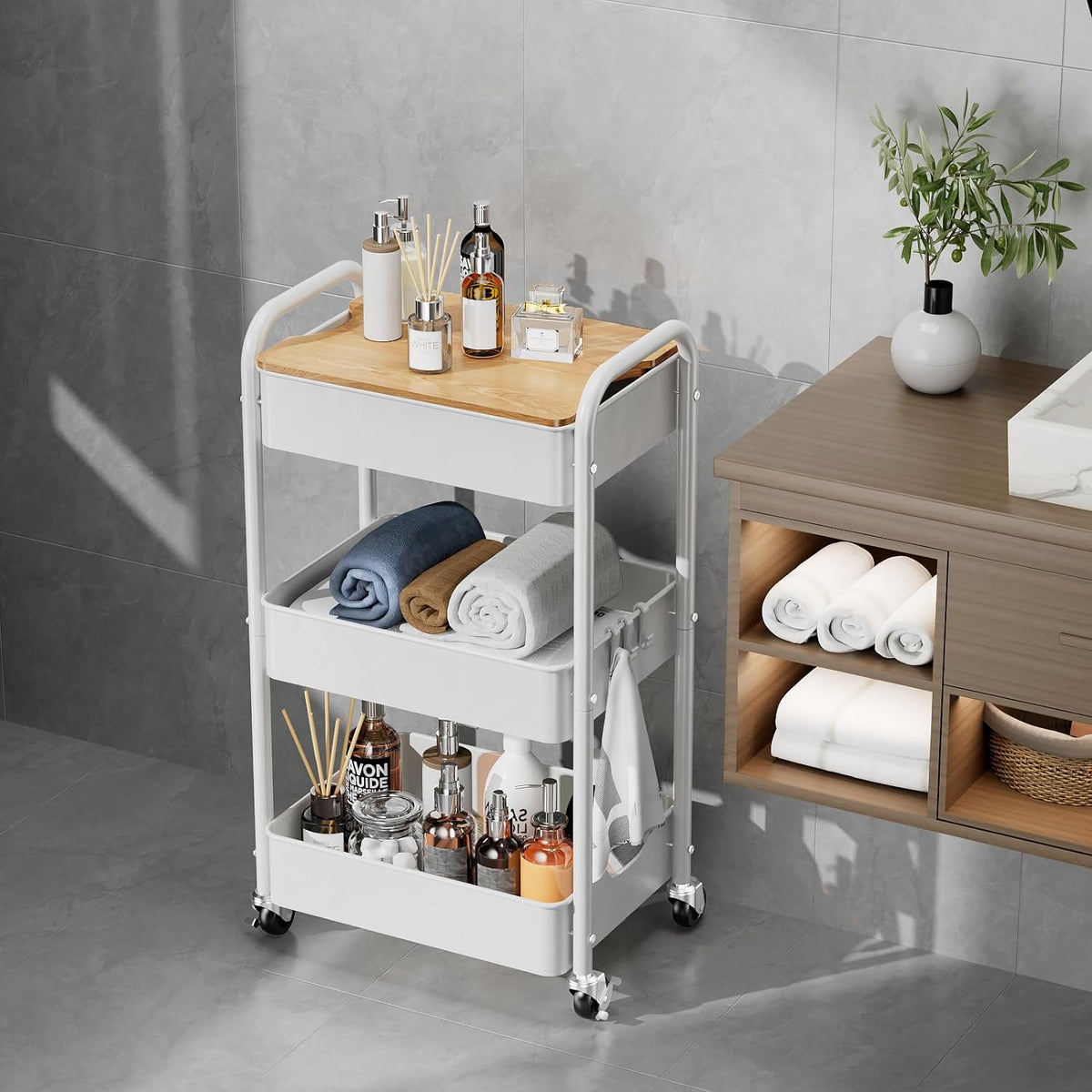 3 Tier Rolling Cart with Table top, Metal Rolling Utility Cart on Wheels, Sturdy Storage Organizer