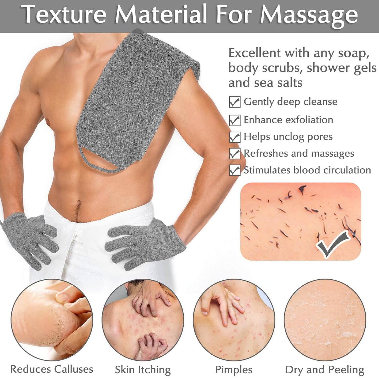 Anezus Exfoliating Back Scrubber Bath Gloves Set, Exfoliating Shower Towel with Shower Gloves for