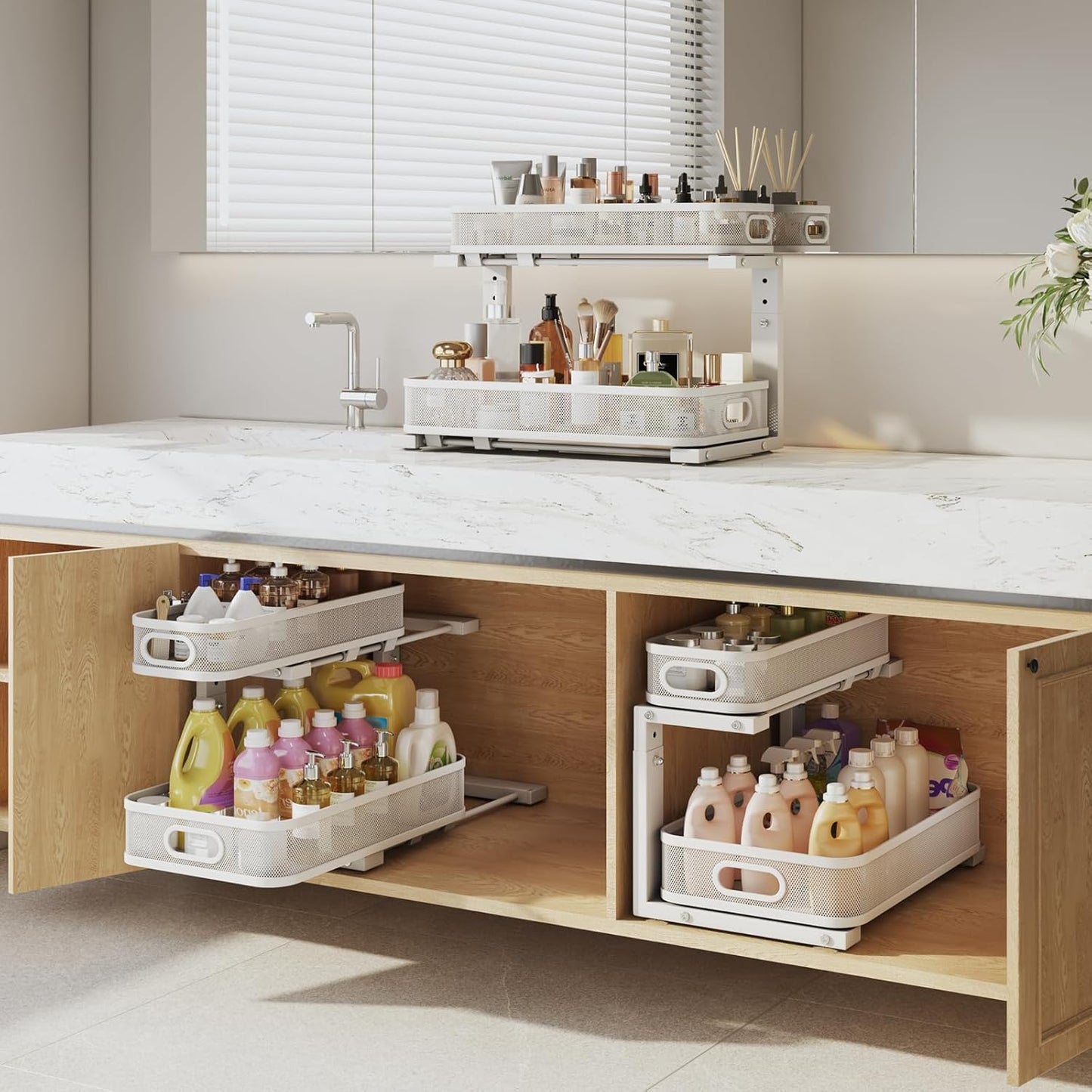 2 Pack 19.3IN-Depth Under Sink Organizer with Smooth Cylindrical Rail,2-Tier Pull Out Multi-Purpose