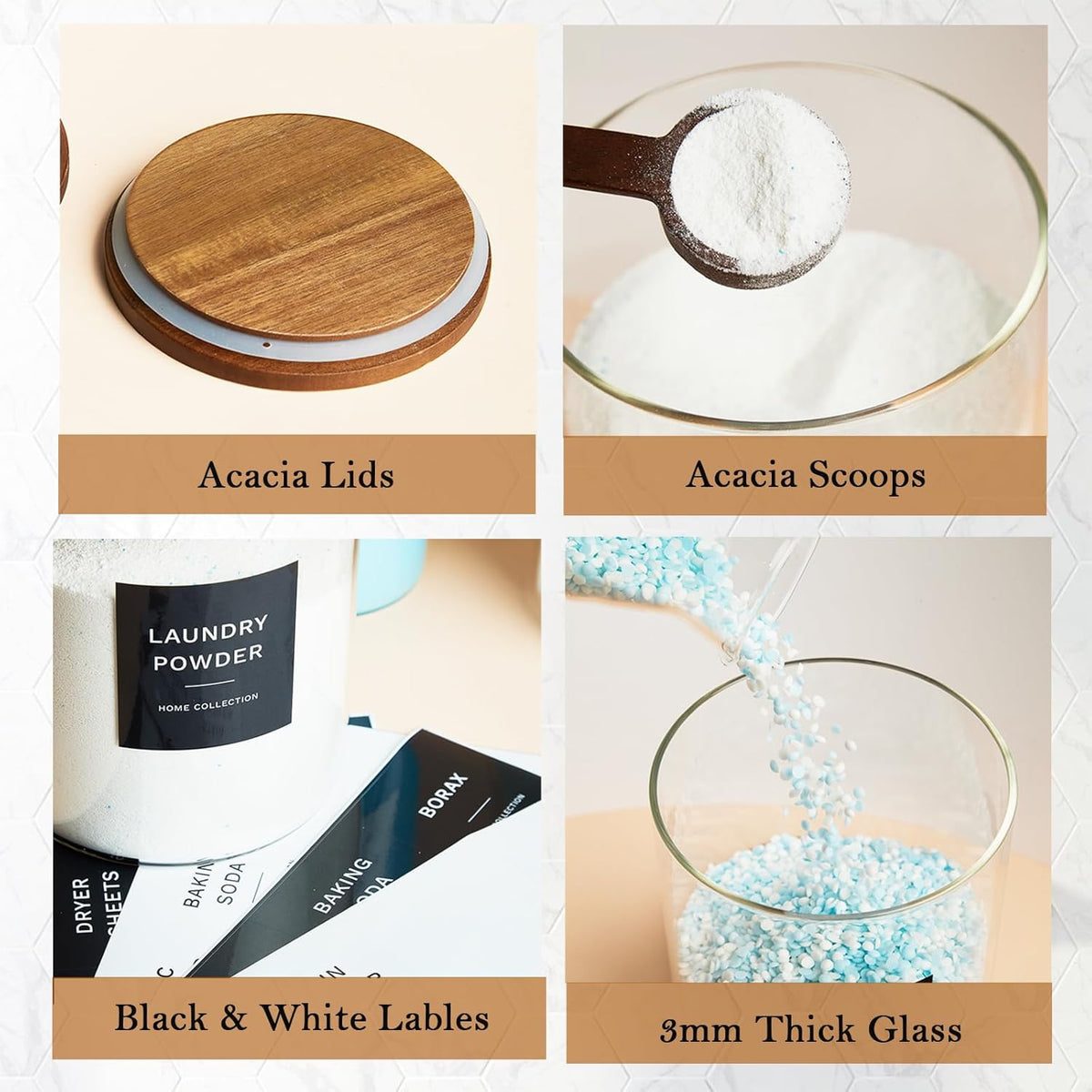 Glass Laundry Storage Containers with Acacia Lids and Scoops, 2 Pack Laundry Room Organization Jars