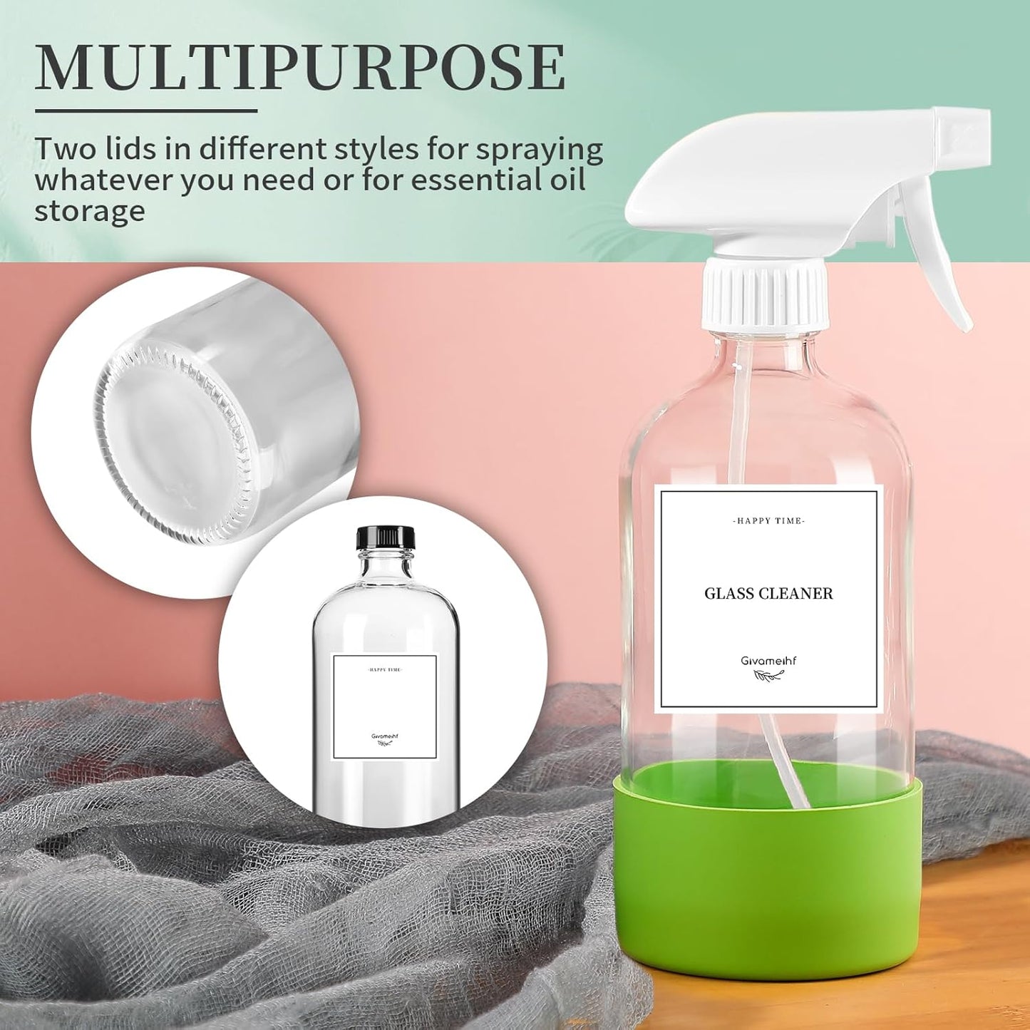2 Pack Glass Spray Bottles with Silicone Sleeve,16oz Clear Glass Spray Bottles Refillable Empty