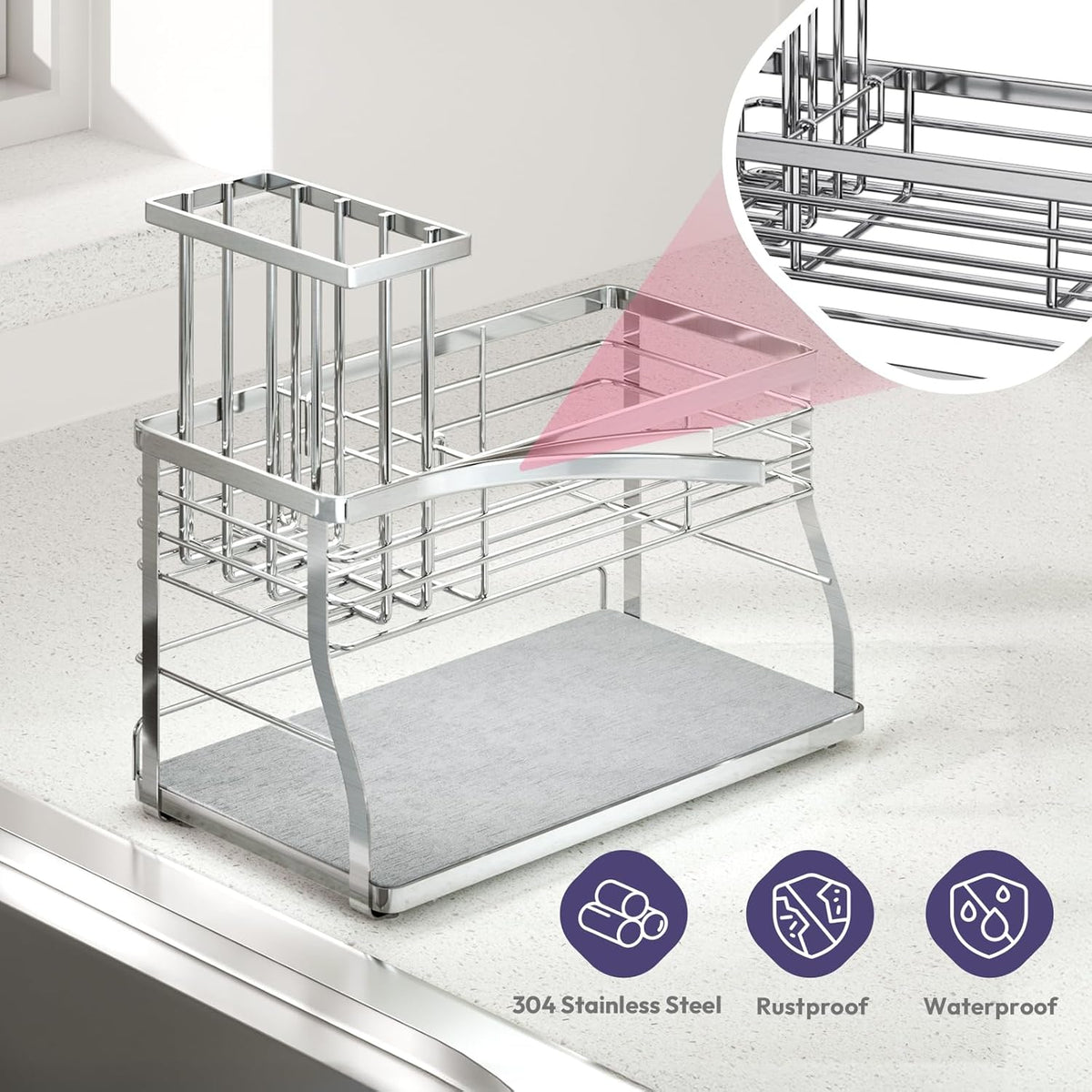 SWTYMIKI Kitchen Sink Caddy Organizer, 2 Tier Sponge Holder for Kitchen Sink with Instant Drying