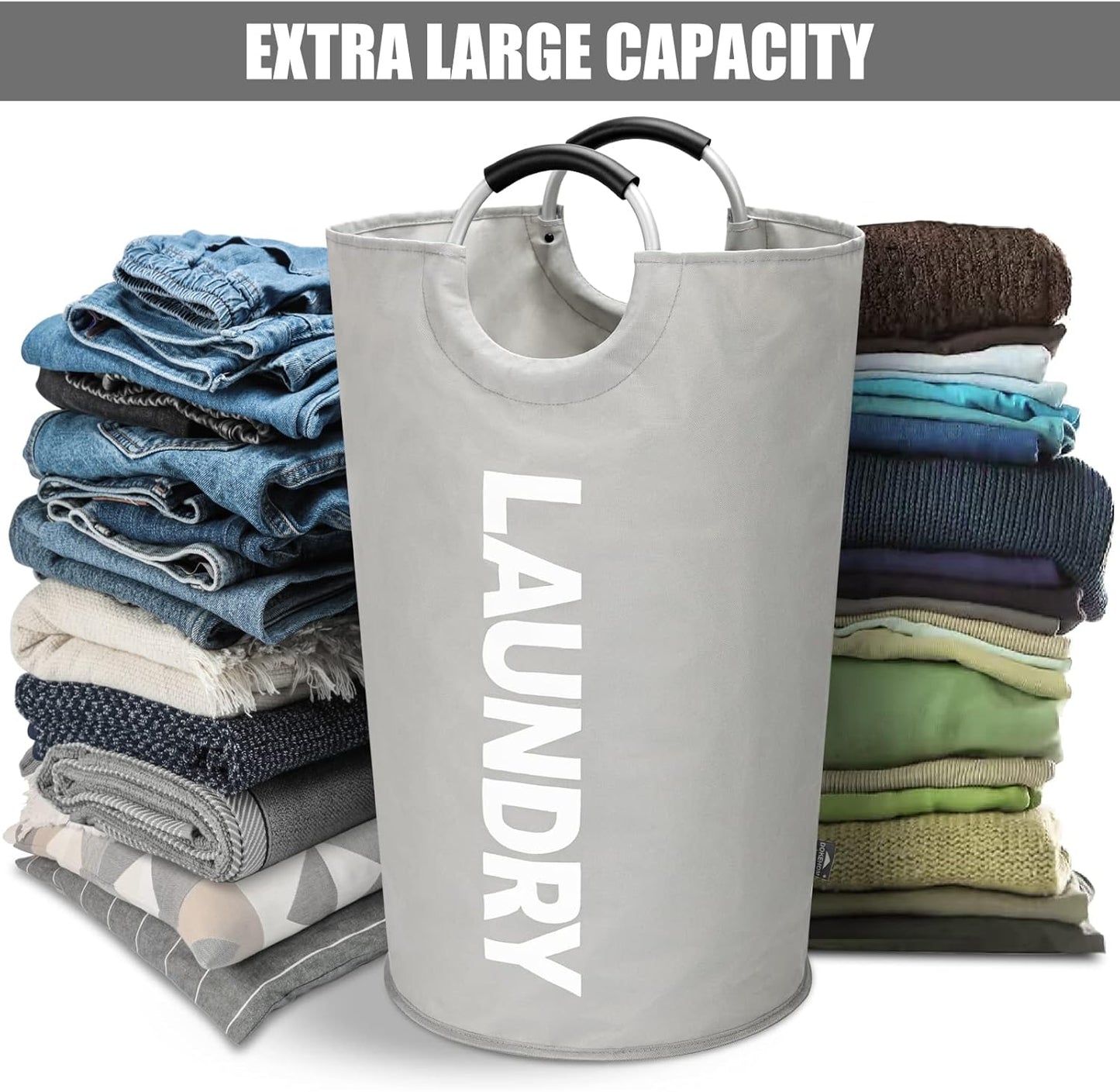 DOKEHOM 125L X-Large Collapsible Washing Laundry Basket Bag (7 Colors) for Bedroom, Fabric (Grey