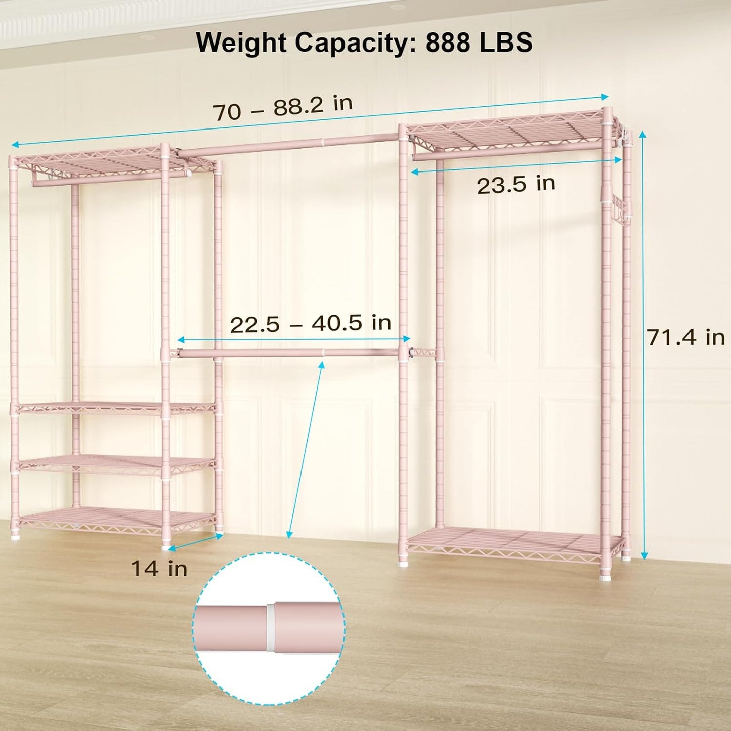 Ulif E1 Heavy Duty Closet Garment Rack, 6 Tiers Adjustable Metal Freestanding Expandable Clothing