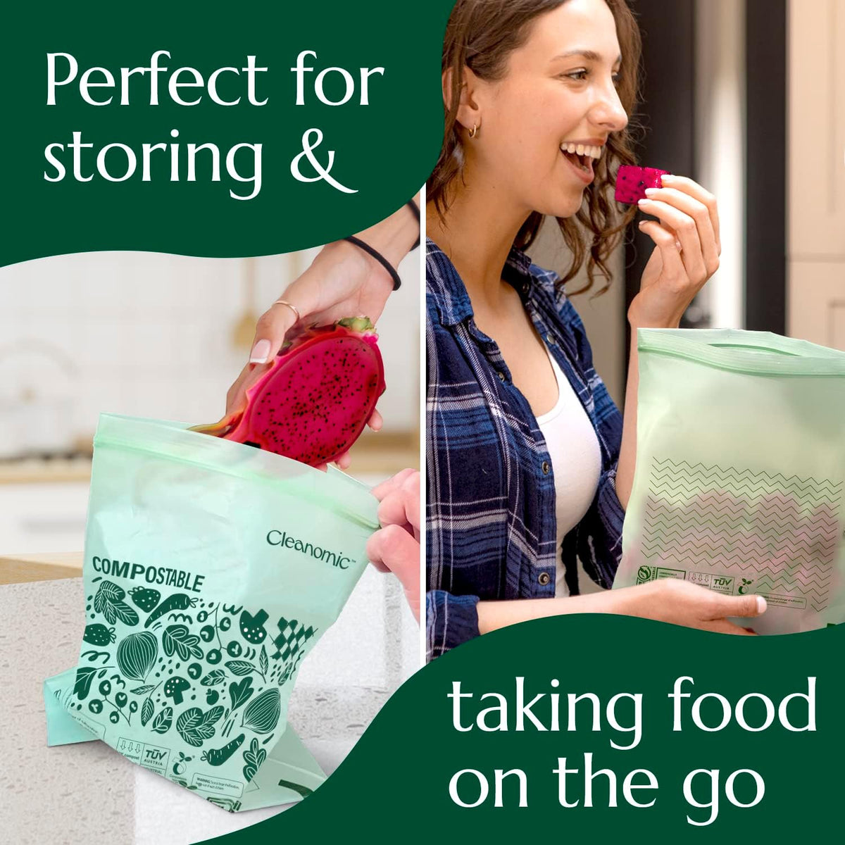 Cleanomic Compostable* Quart Size Food Storage Bags (25 Eco Zip) Freezer and Leak Proof, Also