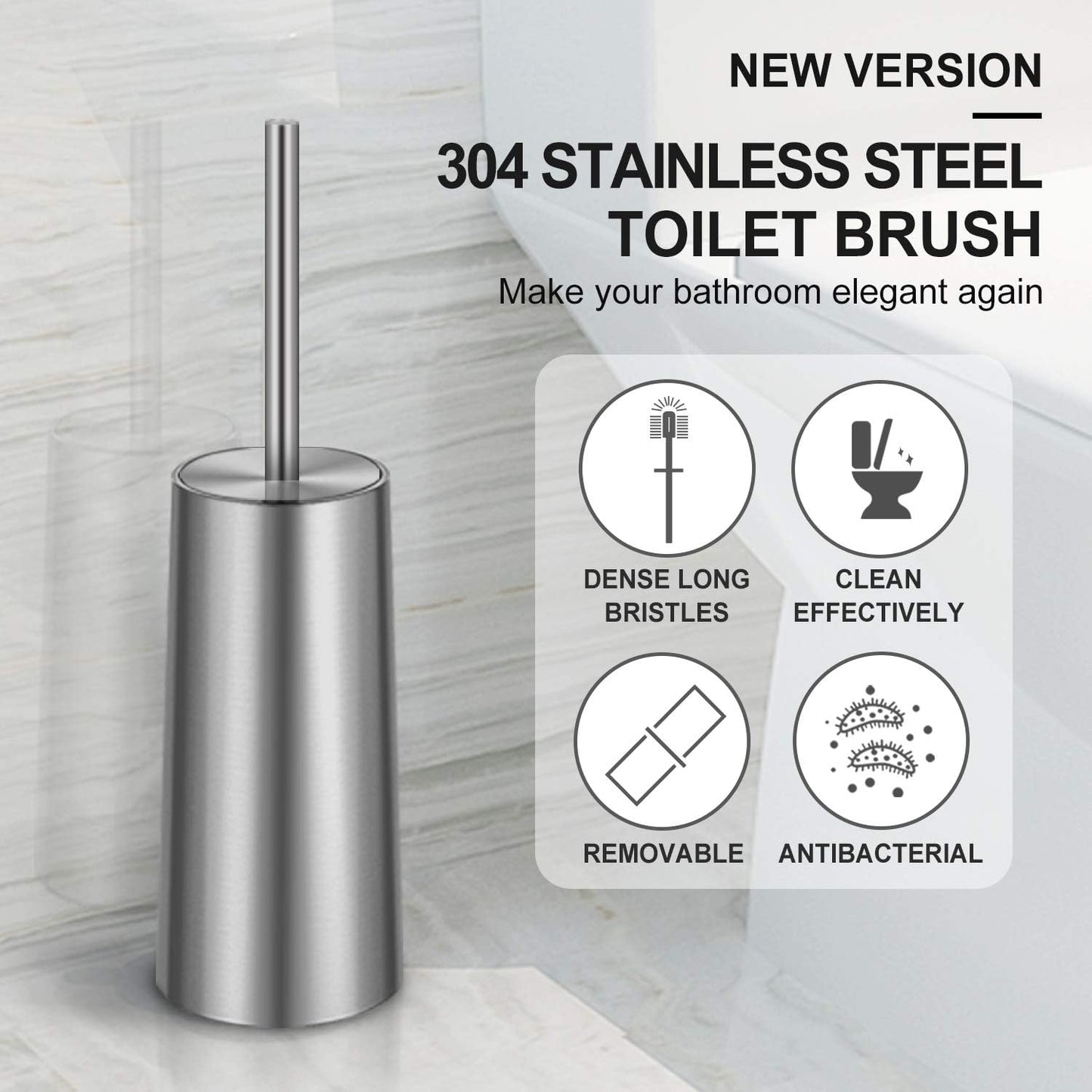 Toilet Brush and Holder, 2 Pack Toilet Brush with 304 Stainless Steel Long Handle, Toilet Bowl