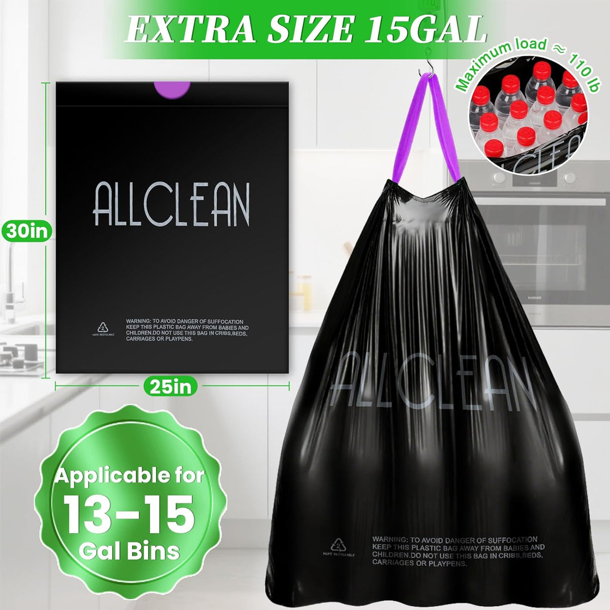Trash Bags 15 Gallon Tall Kitchen Drawstring Garbage Bags,Fit 13-15 Gal Bins,Extra