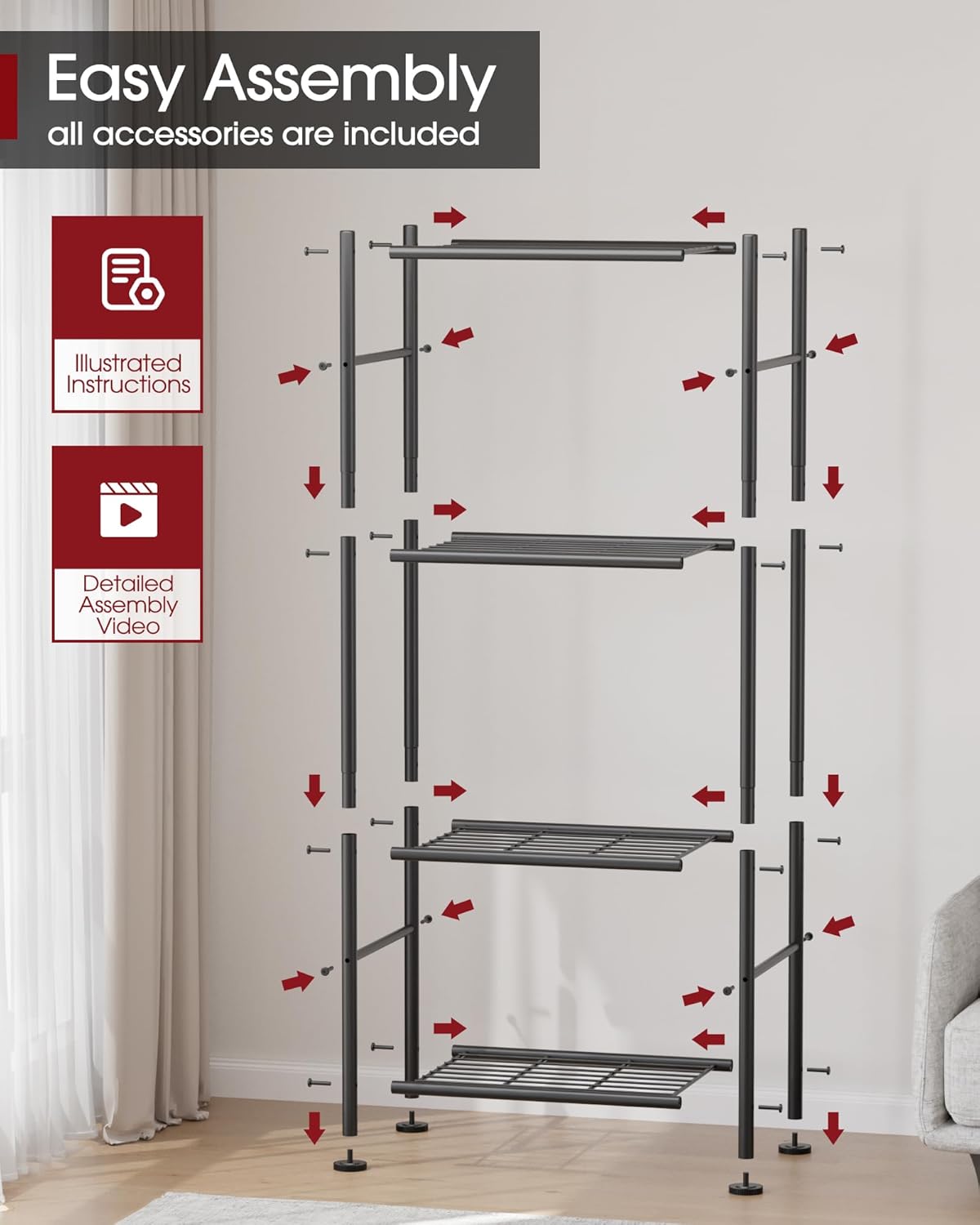 Storage Shelves - 4 Tier Shelf Organizer, Sturdy Metal Garage Shelving with Adjustable Leveling