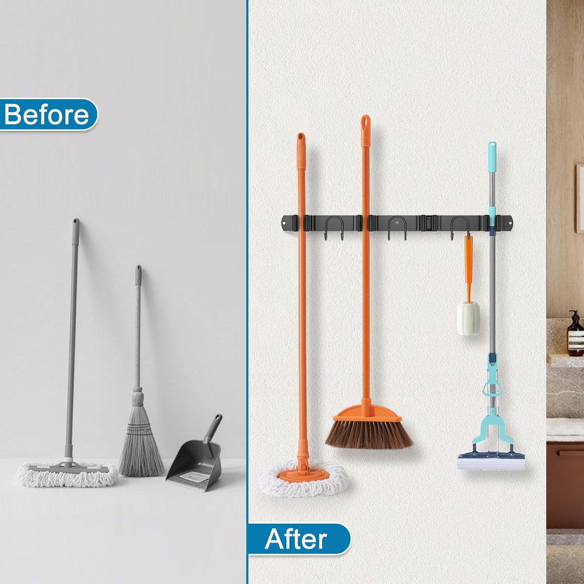 Broom Holder Wall Mount, 2 Packs Black Stainless Steel Tool Storage Organizer for Kitchen Garden