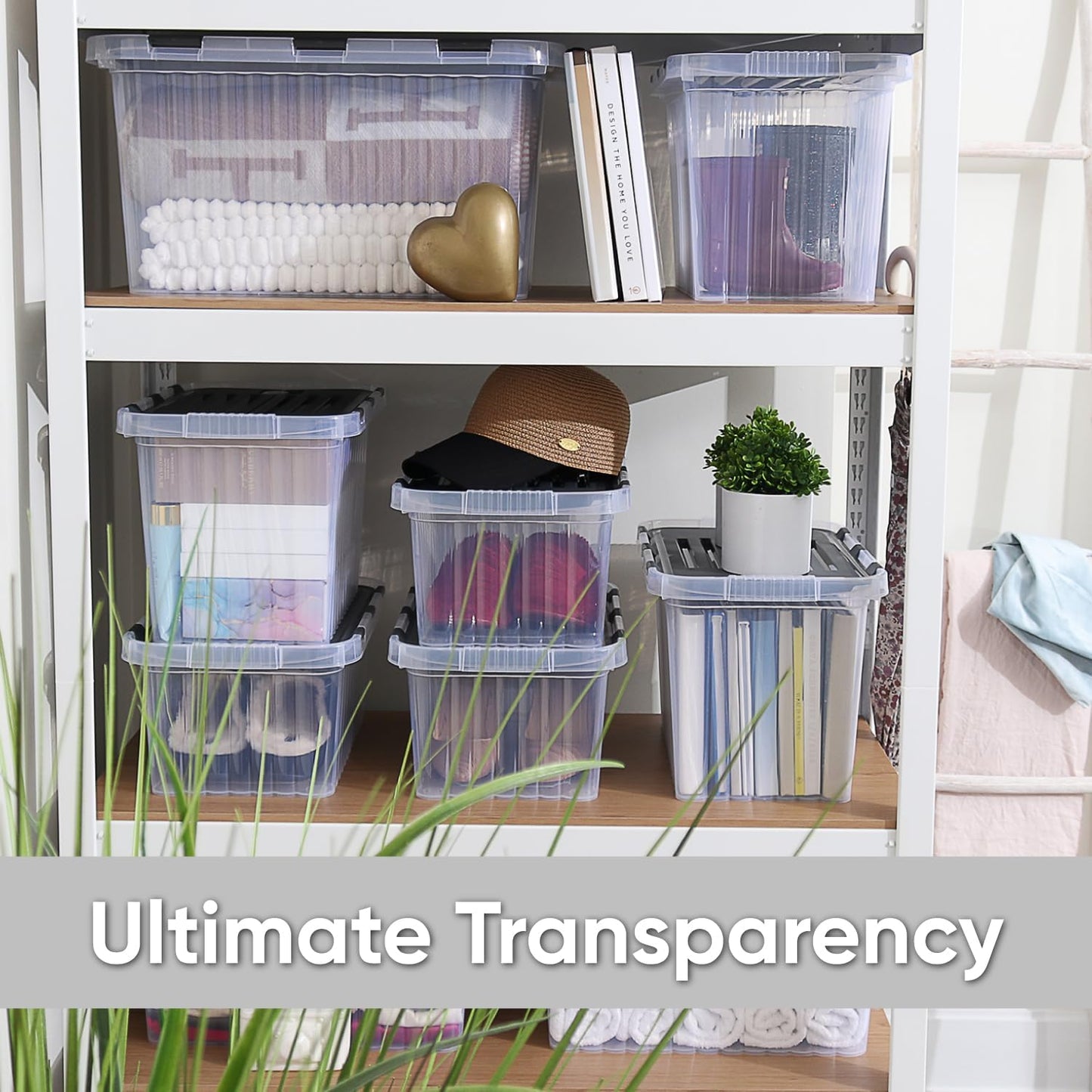 Superio Clear Storage Boxes with Attached Lids, Plastic Container Bins with Hinged Lids for