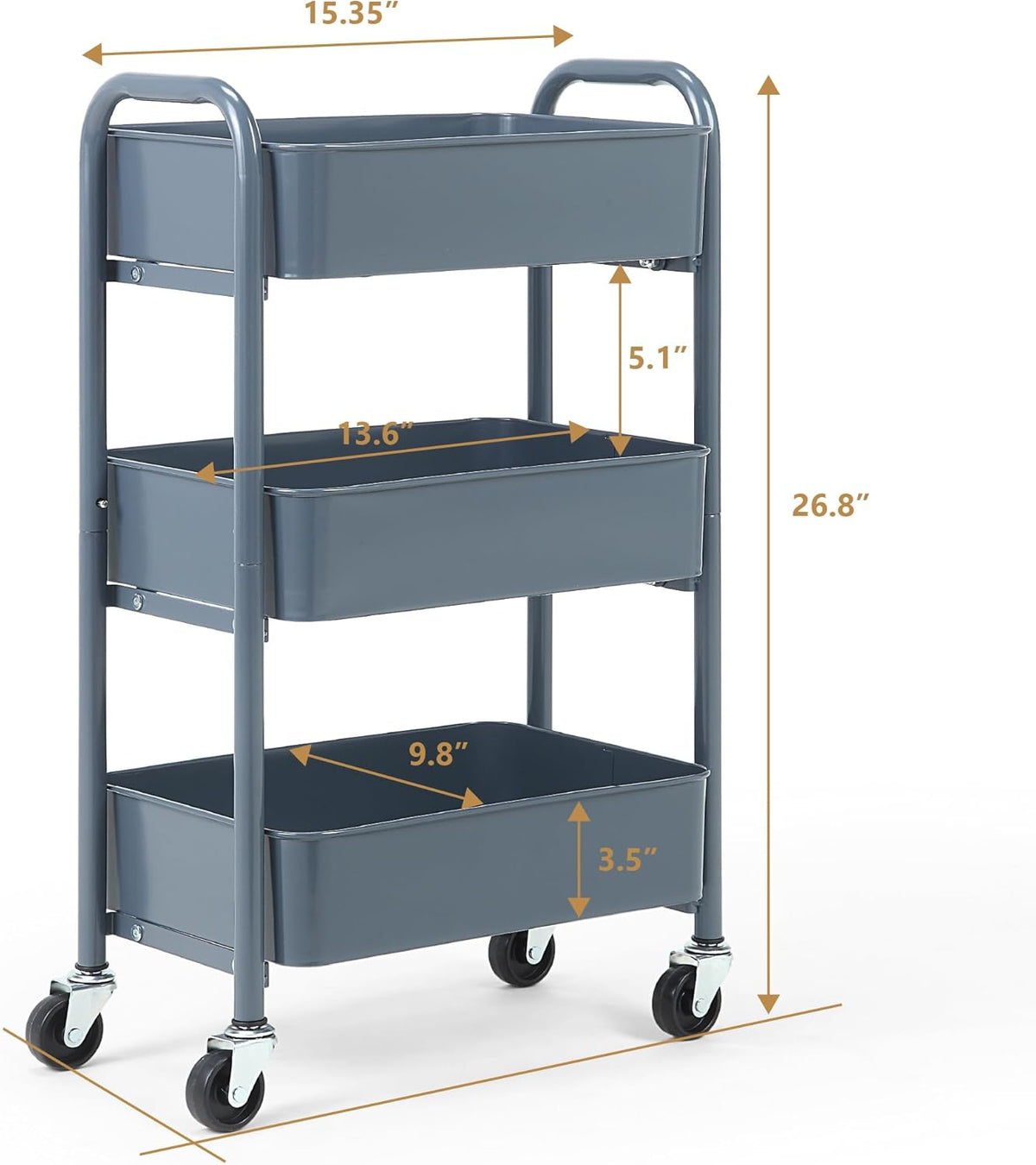SunnyPoint 3-Tier Delicate Compact Rolling Metal Storage Organizer - Mobile Utility Cart