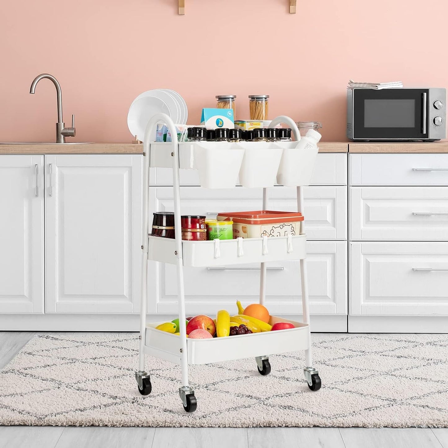 danpinera 3-Tier Rolling Cart, Metal Rolling Storage Cart with Lockable Wheels & Hanging Cups &