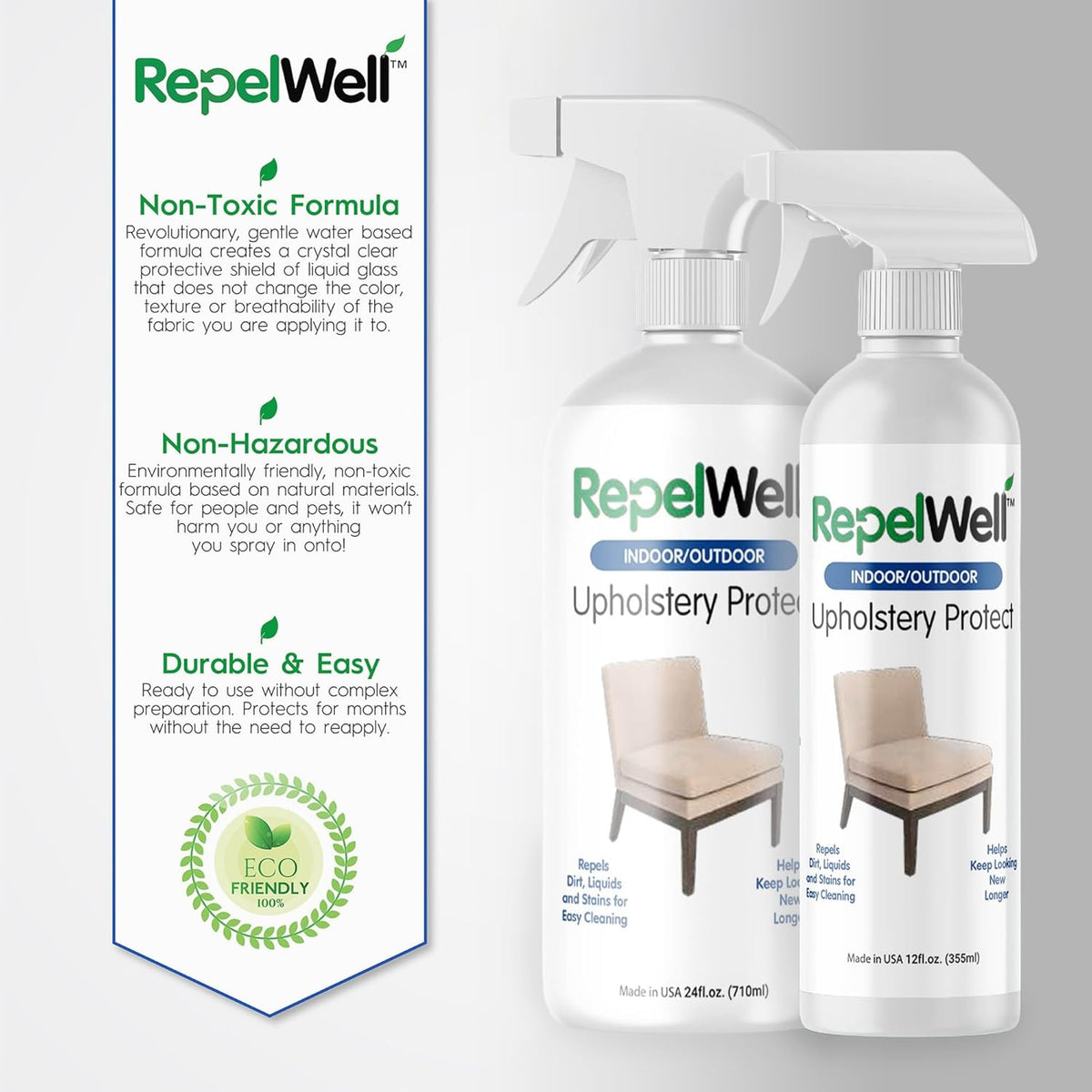Eco-Friendly Upholstery Protect Stain & Water Repellent Spray 24oz – Non-Toxic, Pet-Safe Formula