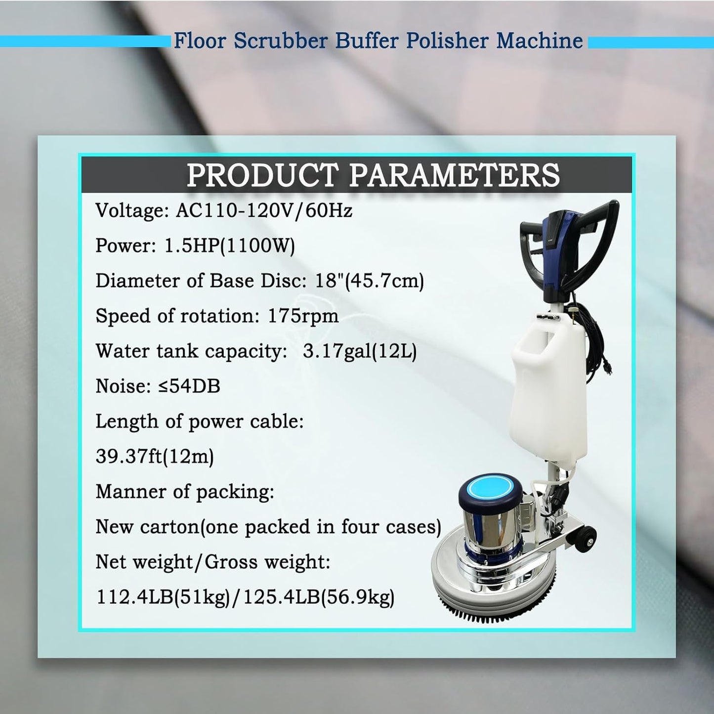 18" Commercial Floor Scrubber & Polisher Heavy Duty Multi-Surface Buffer Cleaner for Wood, Tile