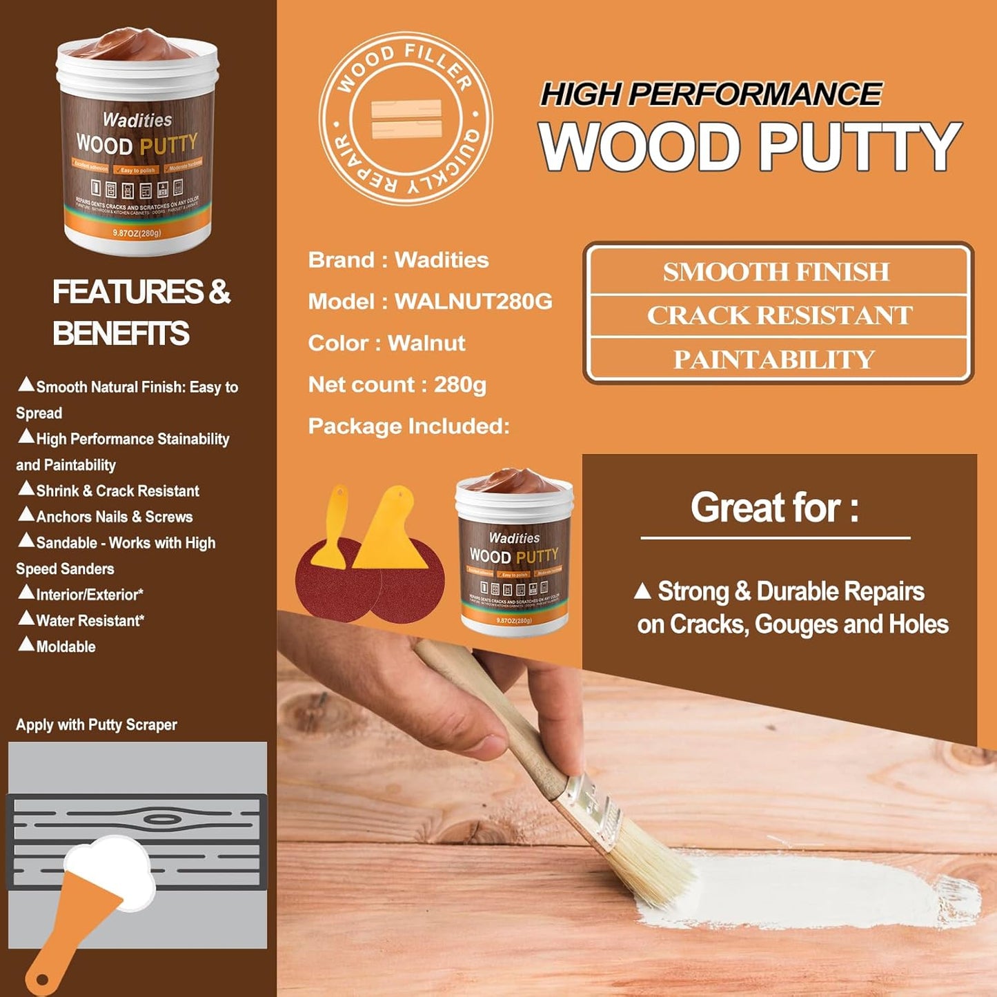 Walnut Wood Filler, Walnut Wood Putty, Paintable Stainable Wood Repair Putty, 9.87 Ounce Wood