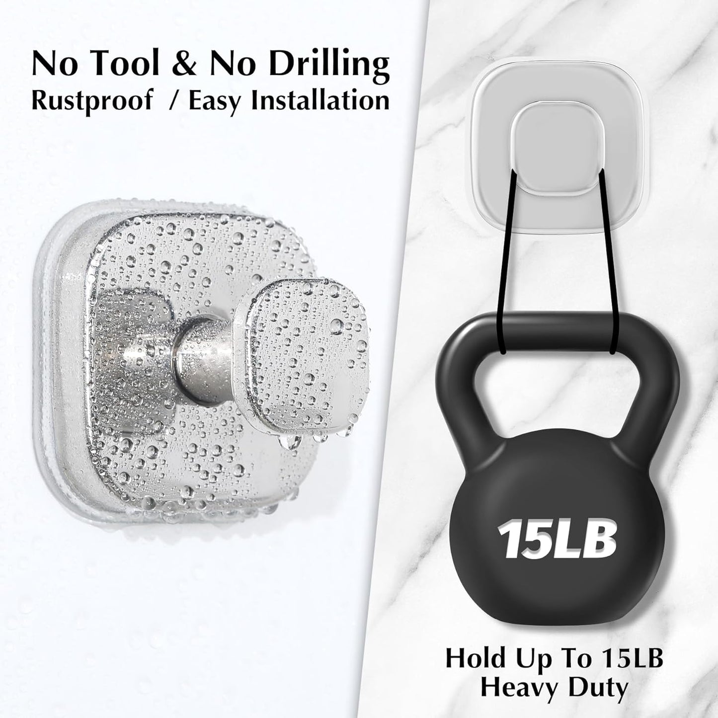 Suction Cup Hooks for Shower - Reusable No-Drill Mounting - Hooks for Towels, Robes & Loofah on