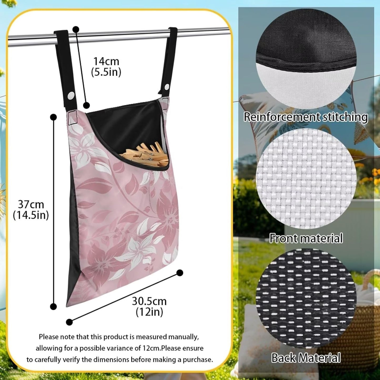 Reinforced Outdoor Clothespin Storage - Minimalist Pink Flower Print Windproof Hanging Bag with