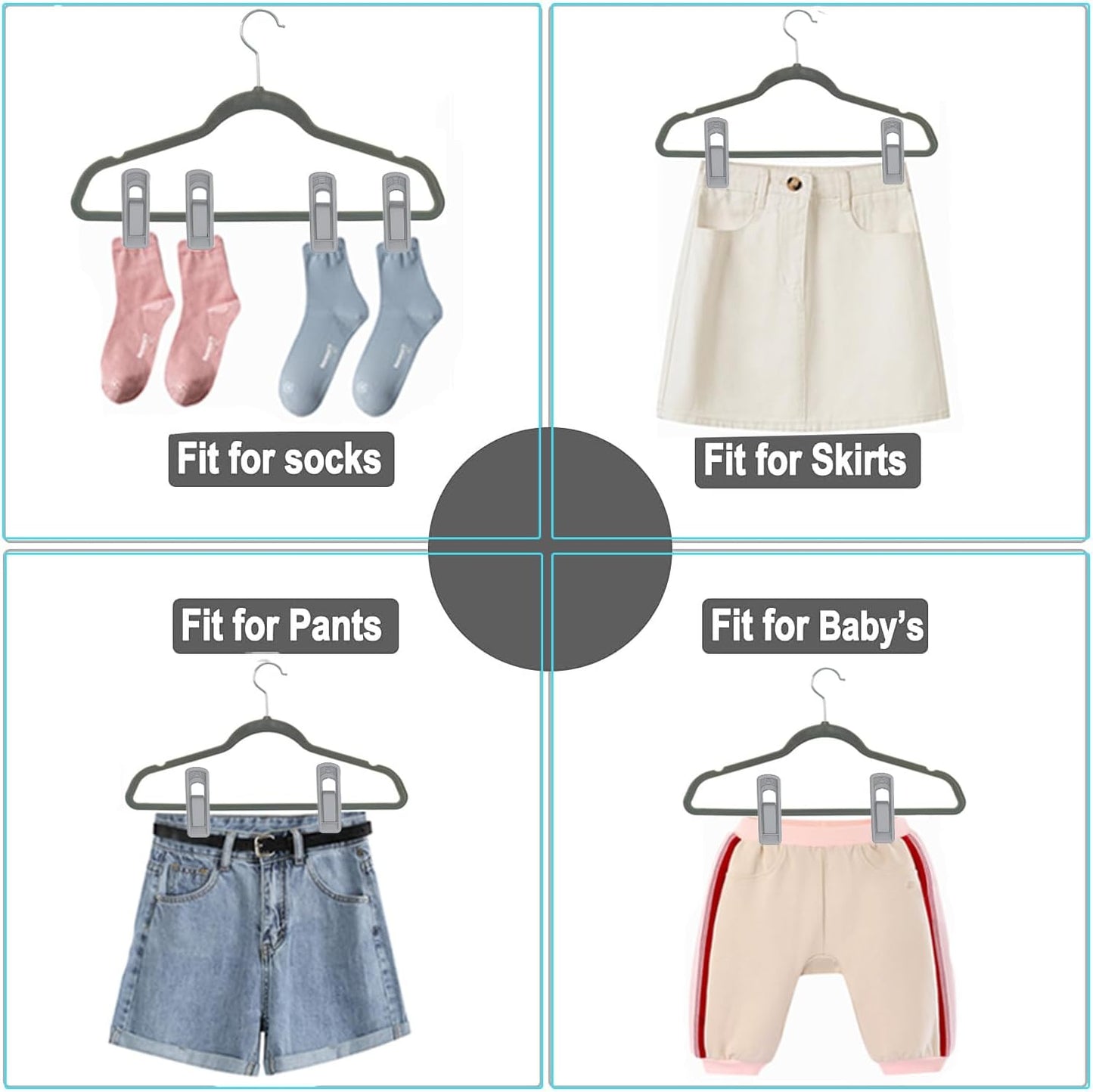 Hanger Clips for Velvet Hangers (Grey, 40 PCS), Non-Slip Plastic Clips Skirt Hanger Clips for Gray