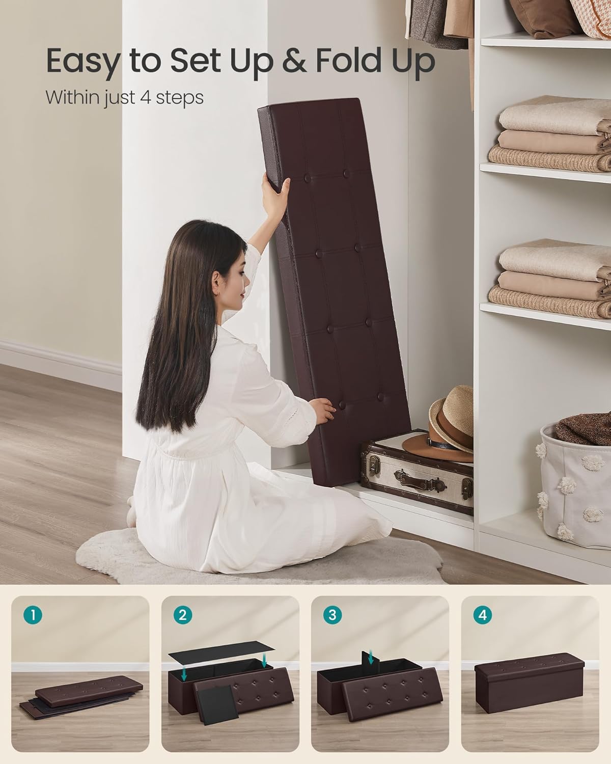 SONGMICS MAZIE Collection - 43 Inches Folding Storage Ottoman Bench, Ottoman with Storage, Foot