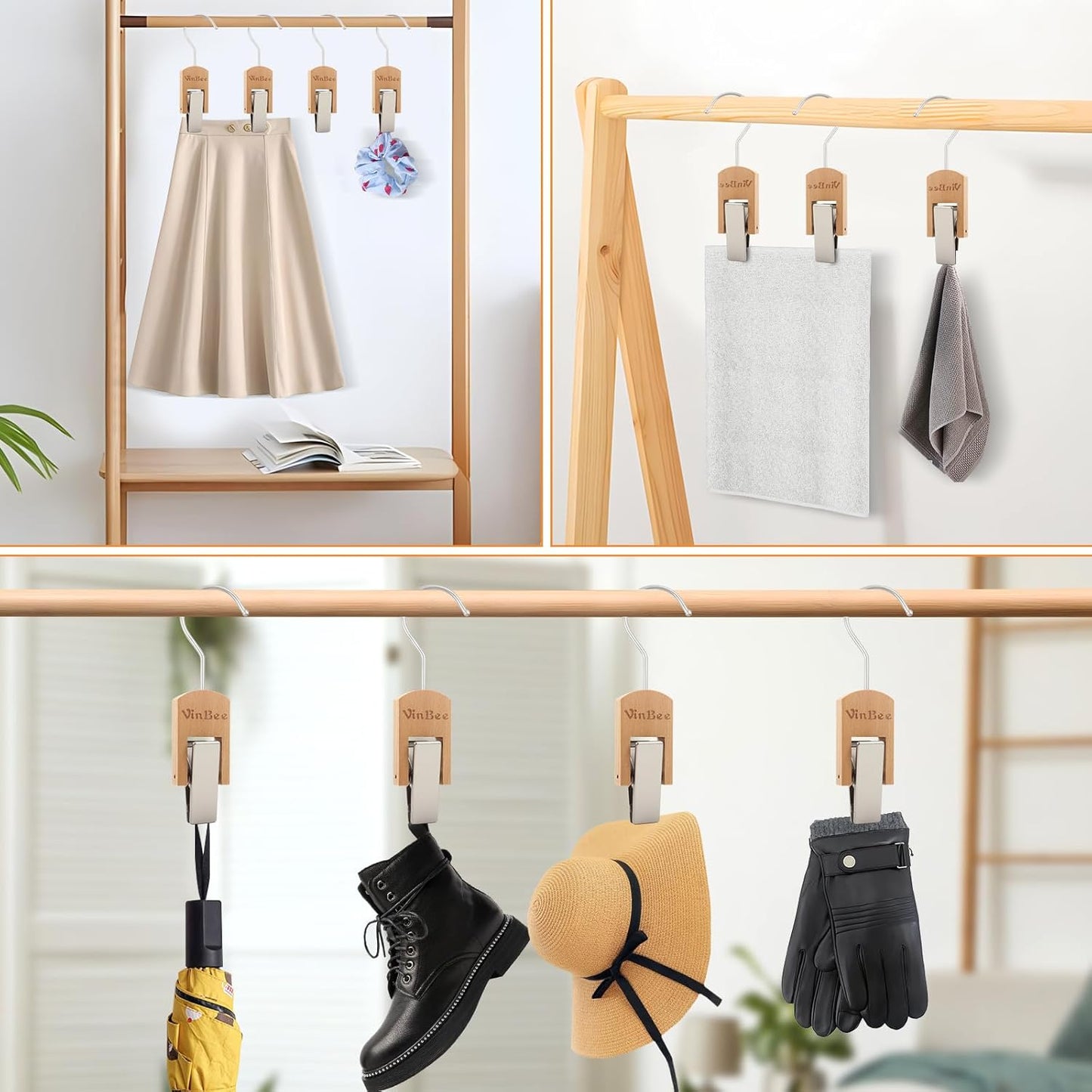VinBee 6 PCS Hooks with Clips for Hanging,Wooden Laundry Hooks Hanging Clips Hook,Clothes Pins with