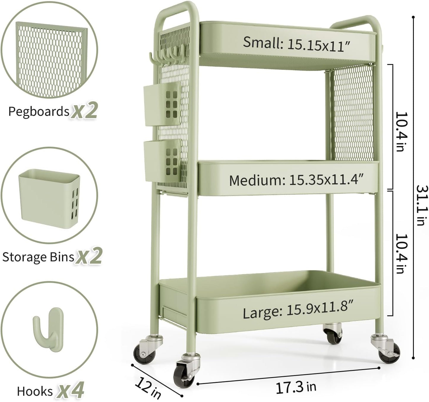 TOOLF 3 Tier Rolling Cart Storage Organizer, Metal Rolling Utility Cart with Wheels, Hooks & Bins