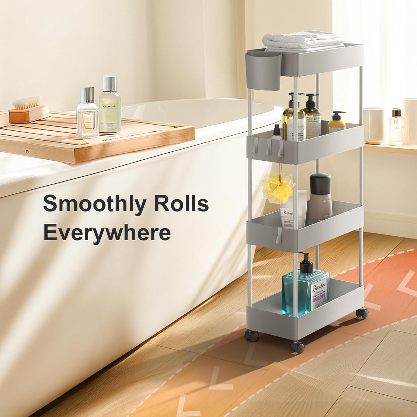 Pipishell Slim Storage Cart with Wheels, 4 Tier Bathroom Storage Organizer Rolling Utility Cart for