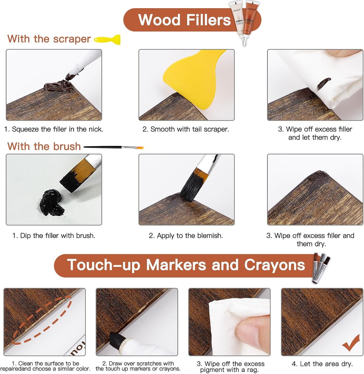 SEISSO Wood Furniture Repair Kit, 42 Pcs Wood Filler and Touch Up Markers with Wax Sticks, Vinyl