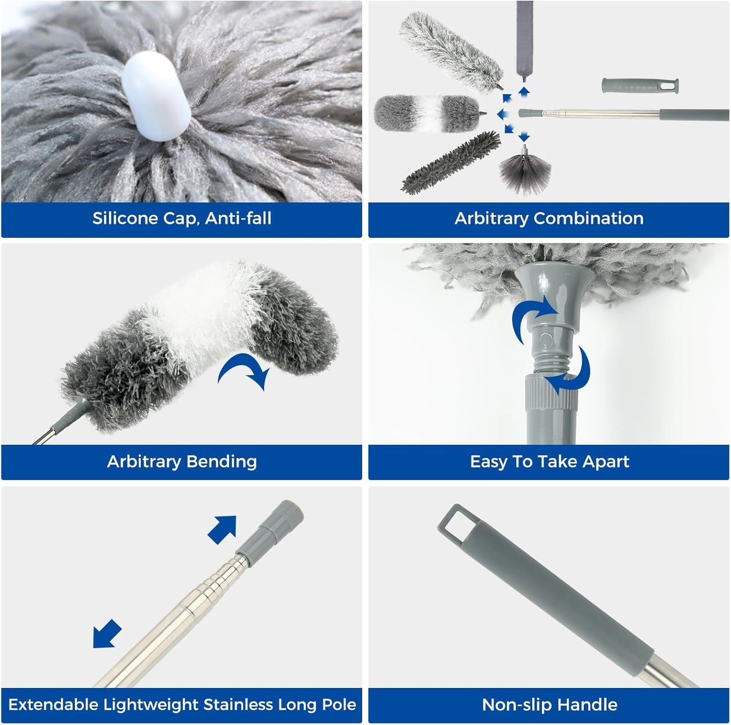 9Pcs Dusters for Cleaning Kit, Extendable Microfiber Duster Tools with 100" Long Pole, Retractable