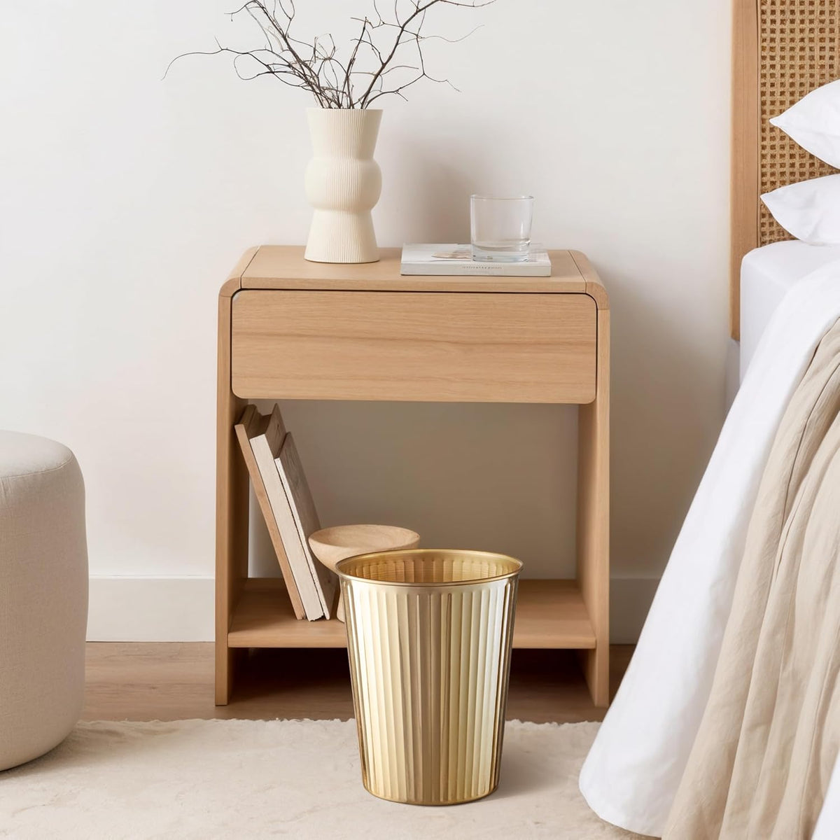 Monarch Abode Brushed Gold Handcrafted Ridge Embossed Metal Wastebasket for Home Office, Decorative